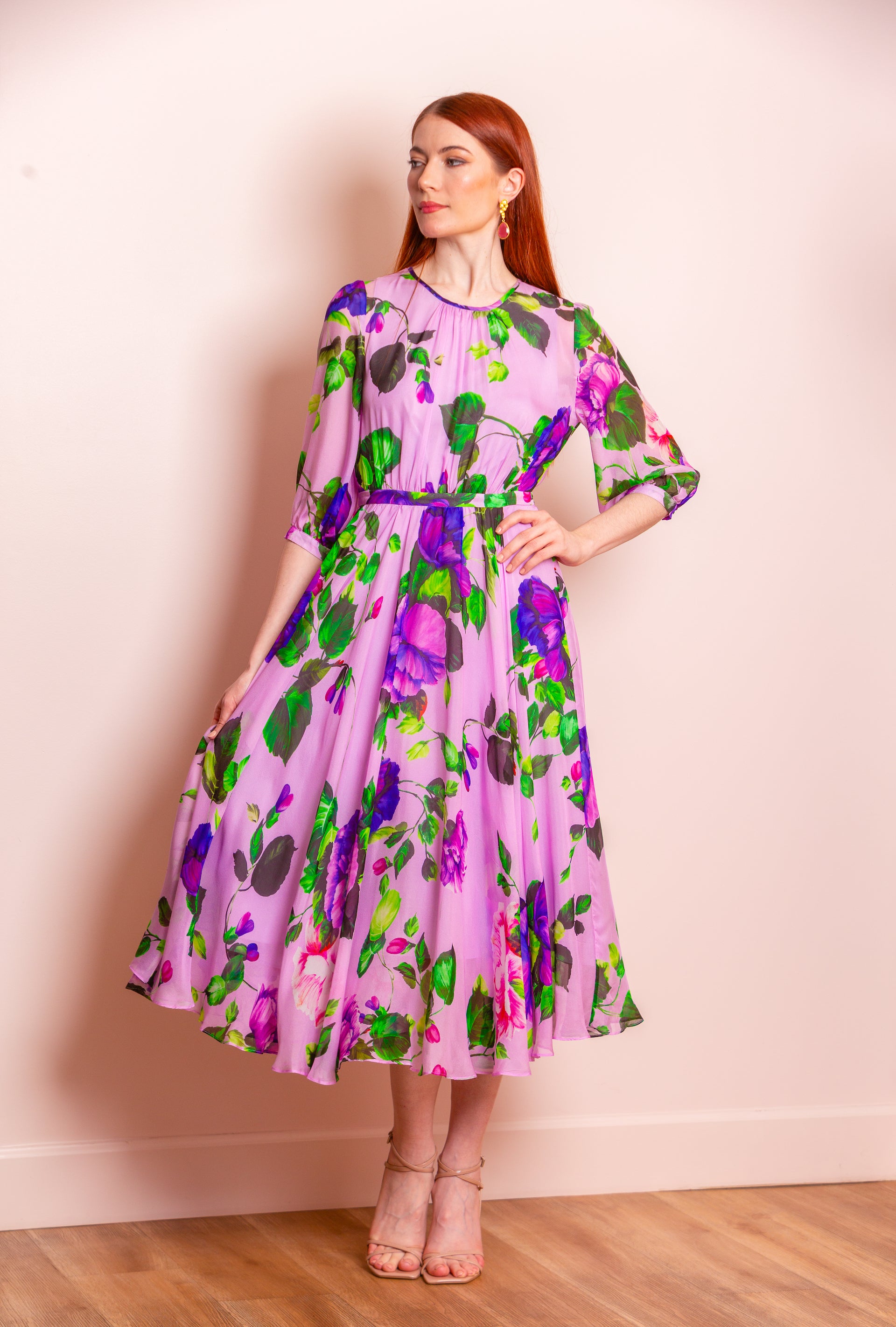 Eleanor Floral Print Silk Dress in Pink