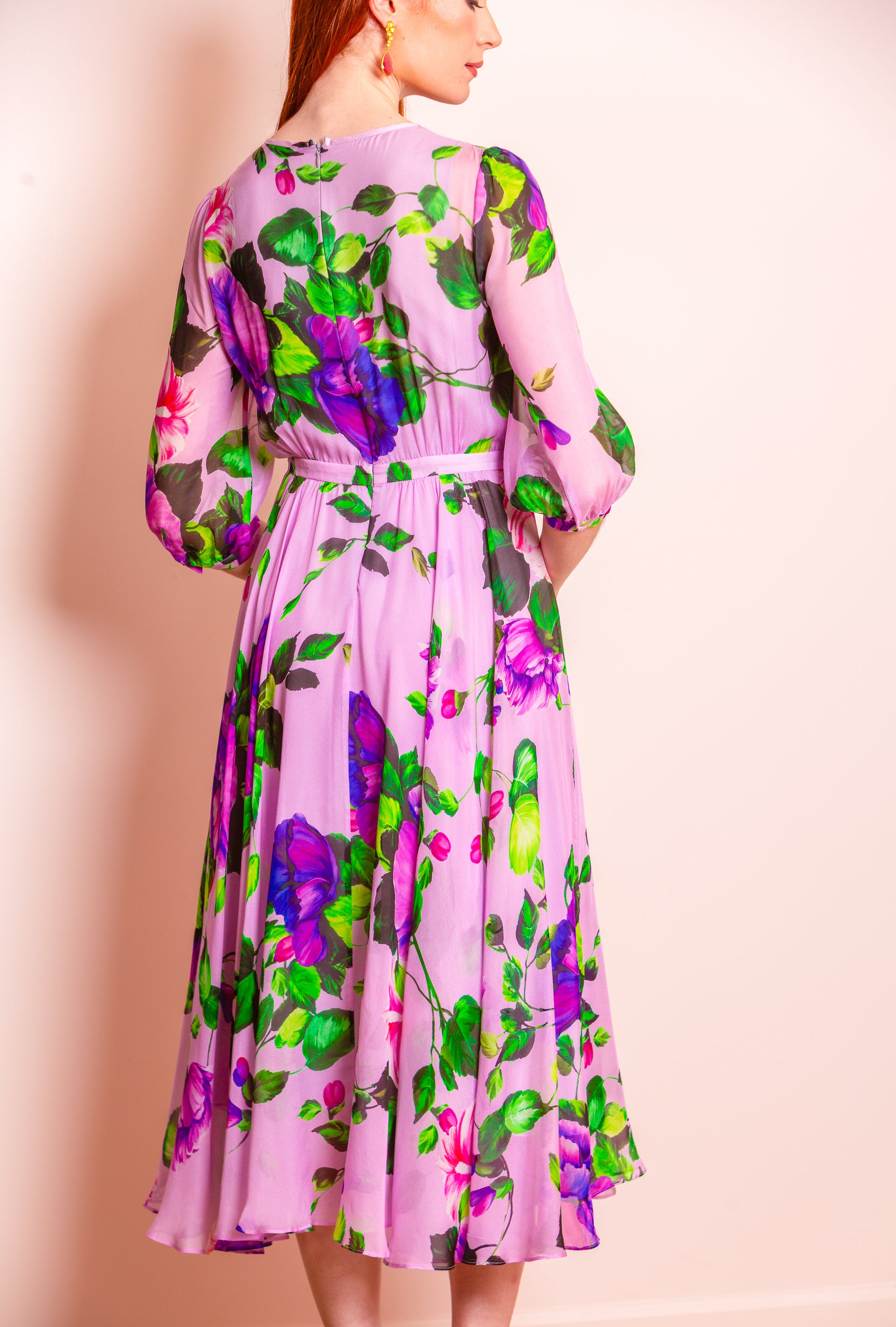 Eleanor Floral Print Silk Dress in Pink