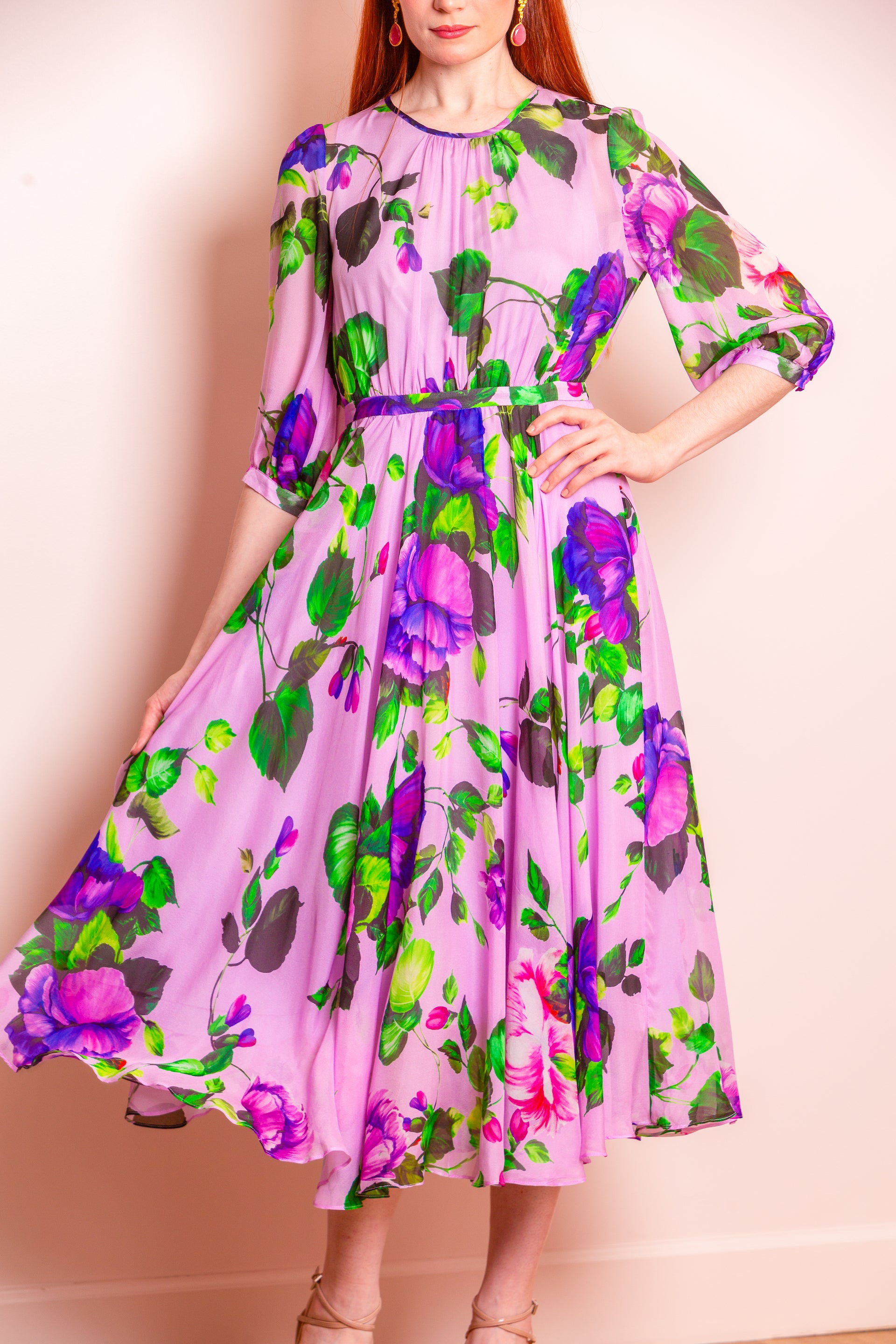 Eleanor Floral Print Silk Dress in Pink