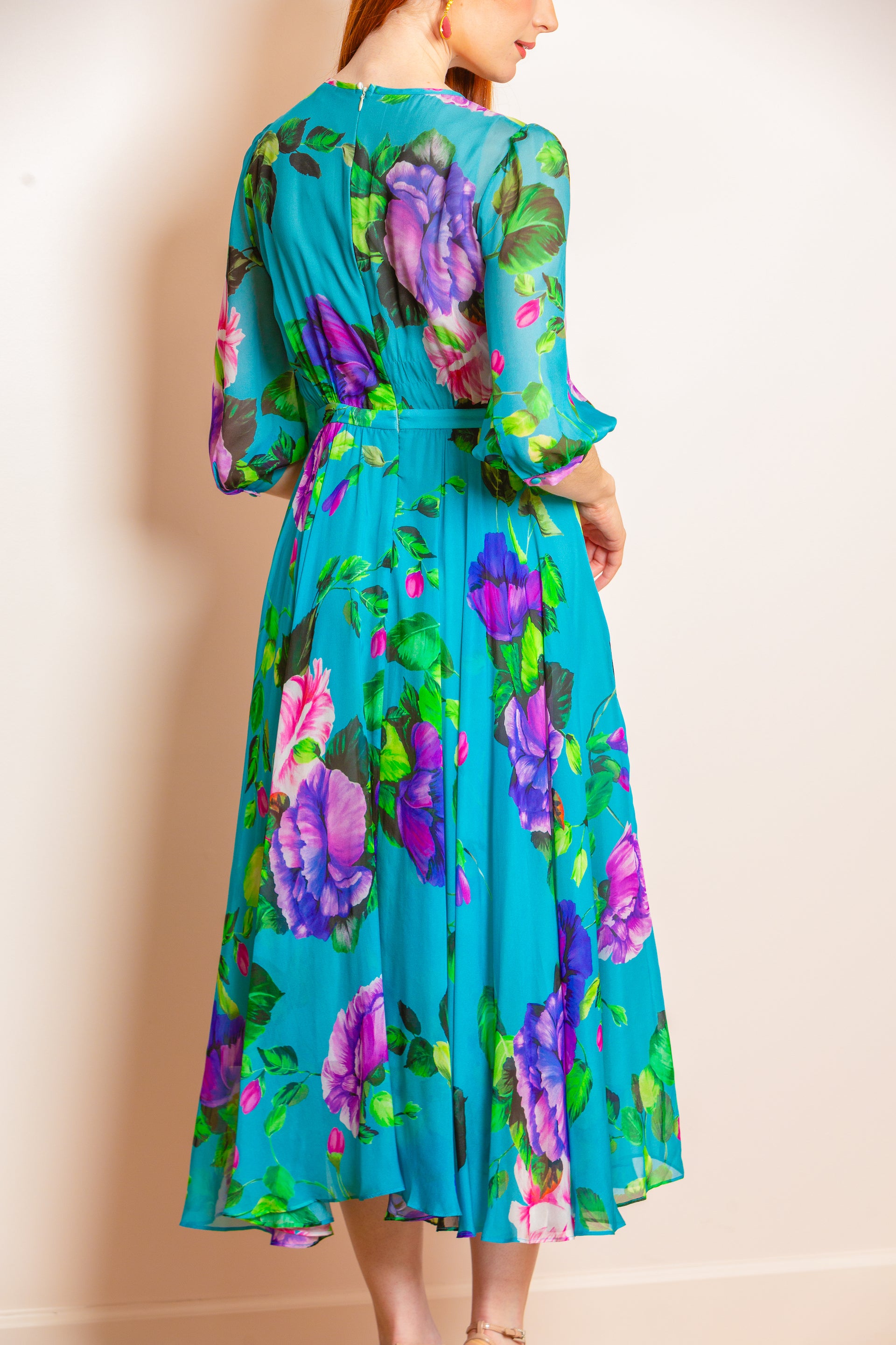 Eleanor Floral Silk Dress in Vivid Blue