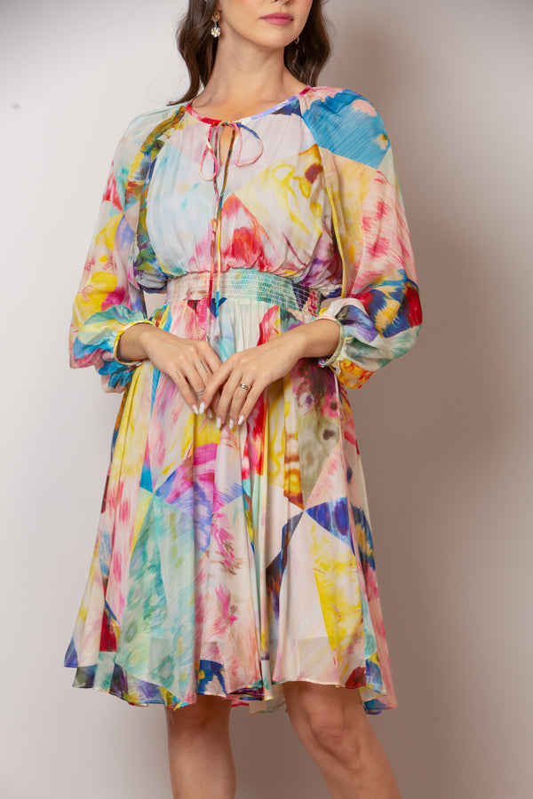 Joy Multi Print Silk Knee Length Dress