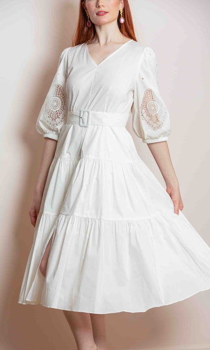 Hannah Cotton Dress with Lace Sleeves in White