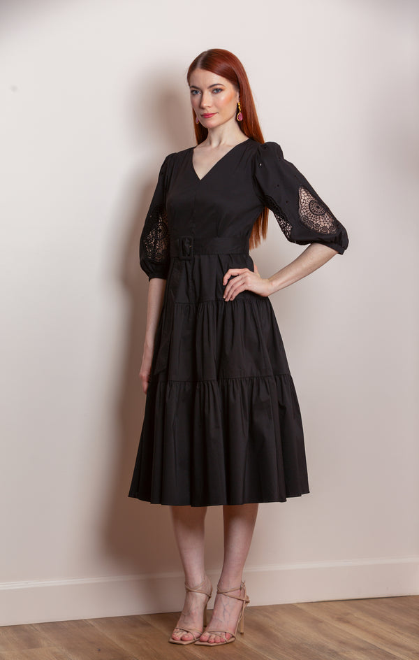Hannah V-Neck Cotton Dress with Lace Sleeves in Black