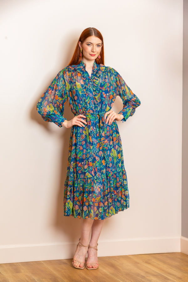 London Printed Silk Button Down Dress In Blue