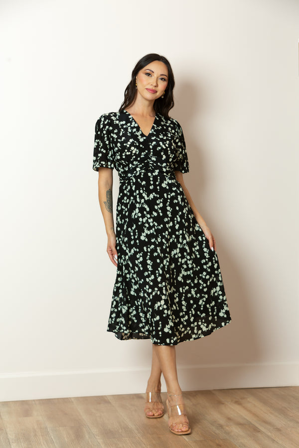 Julia V-Neck Silk Dress with Pleated Waist