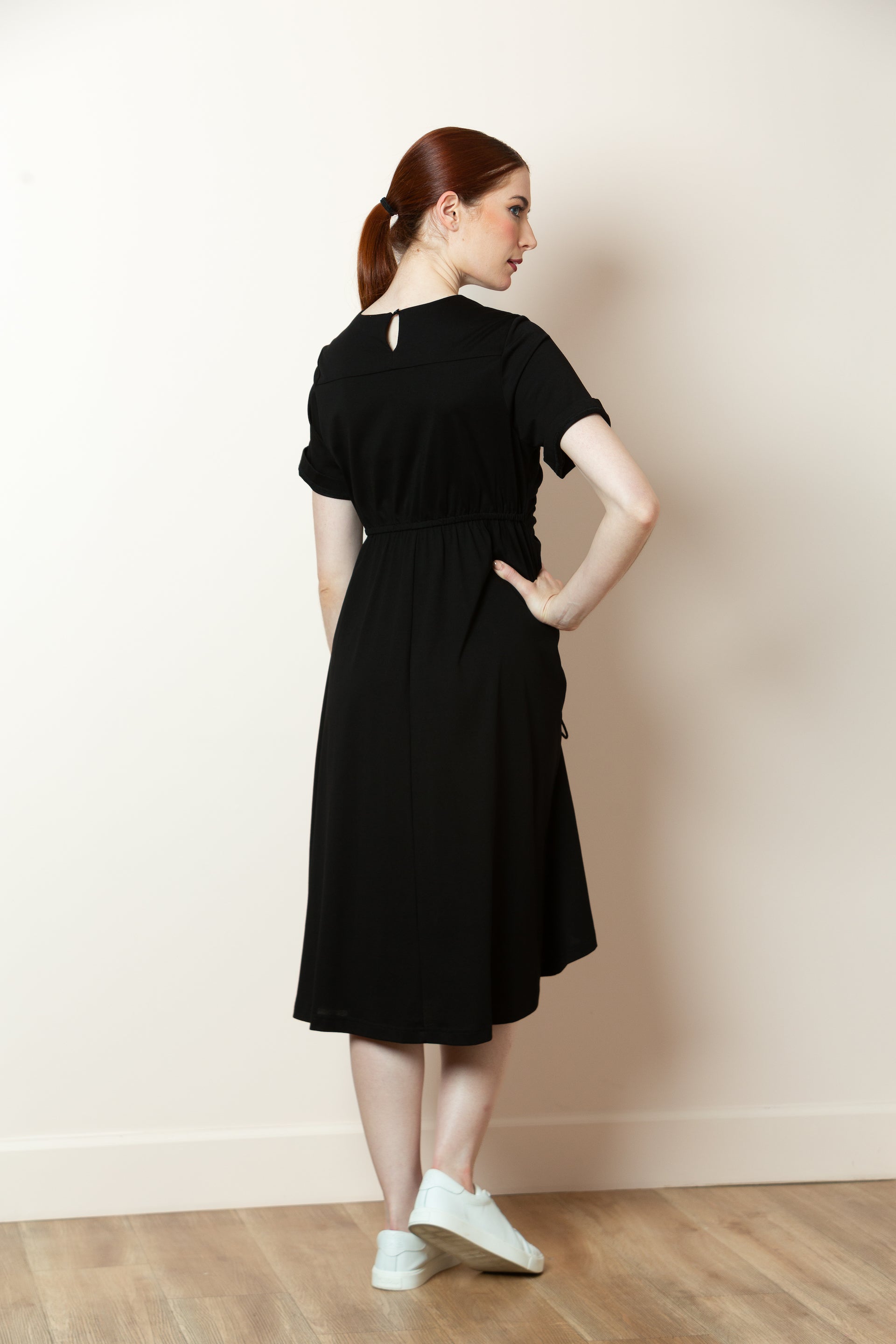 Adison Cotton Dress with Side Gathering Detail in Black