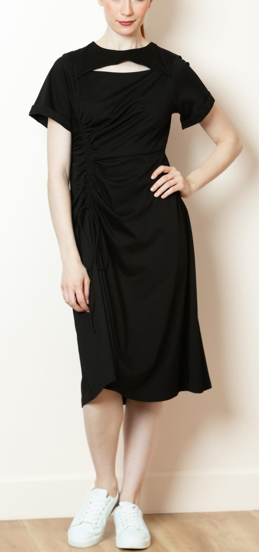 Adison Cotton Dress with Side Gathering Detail in Black