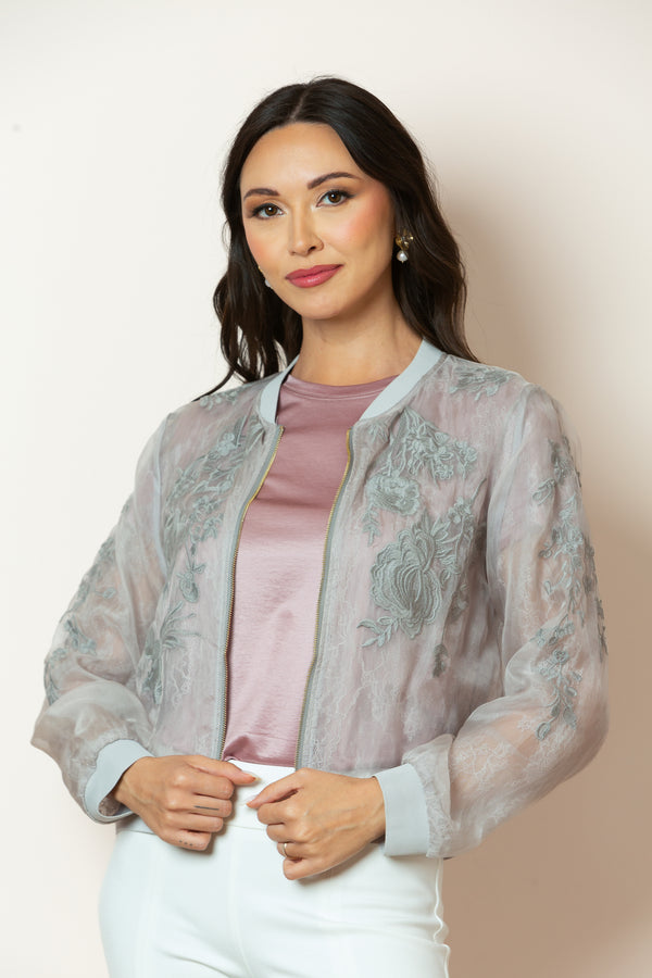 Iris Tulle Lace Combo Bomber Jacket in Grey