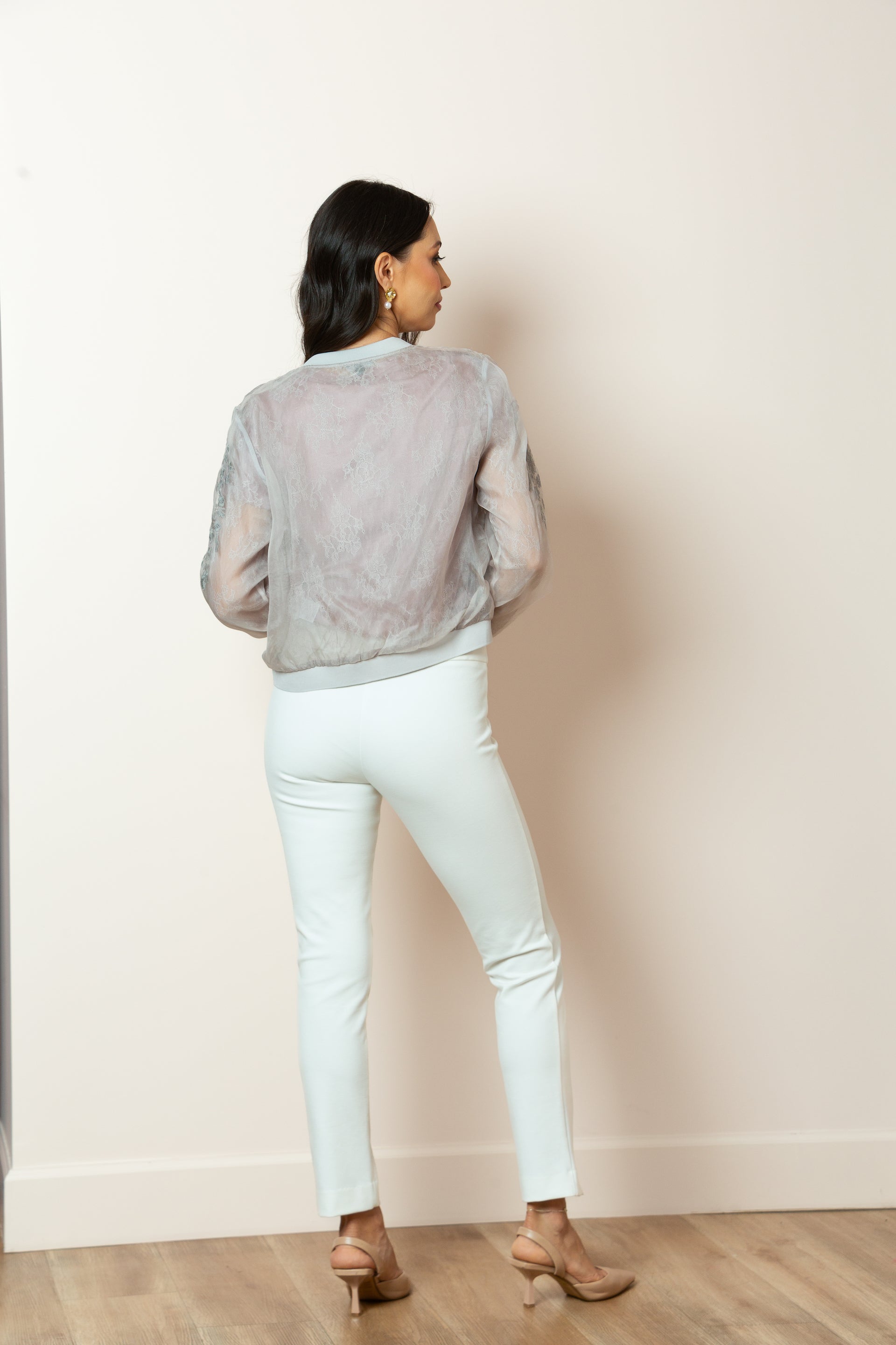 Iris Tulle Lace Combo Bomber Jacket in Grey