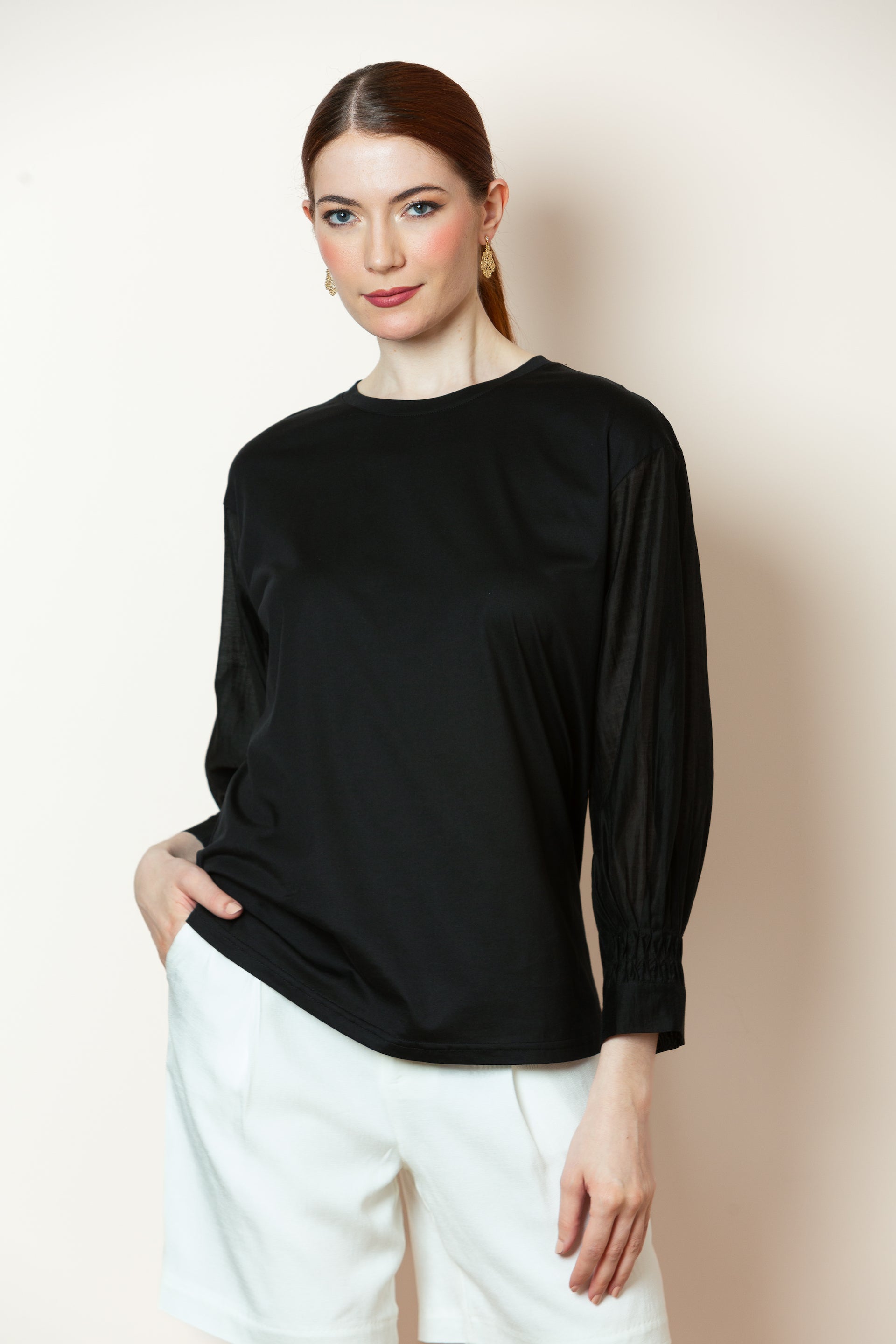 Madelyn Cotton Top with Contrast Sleeves in Black