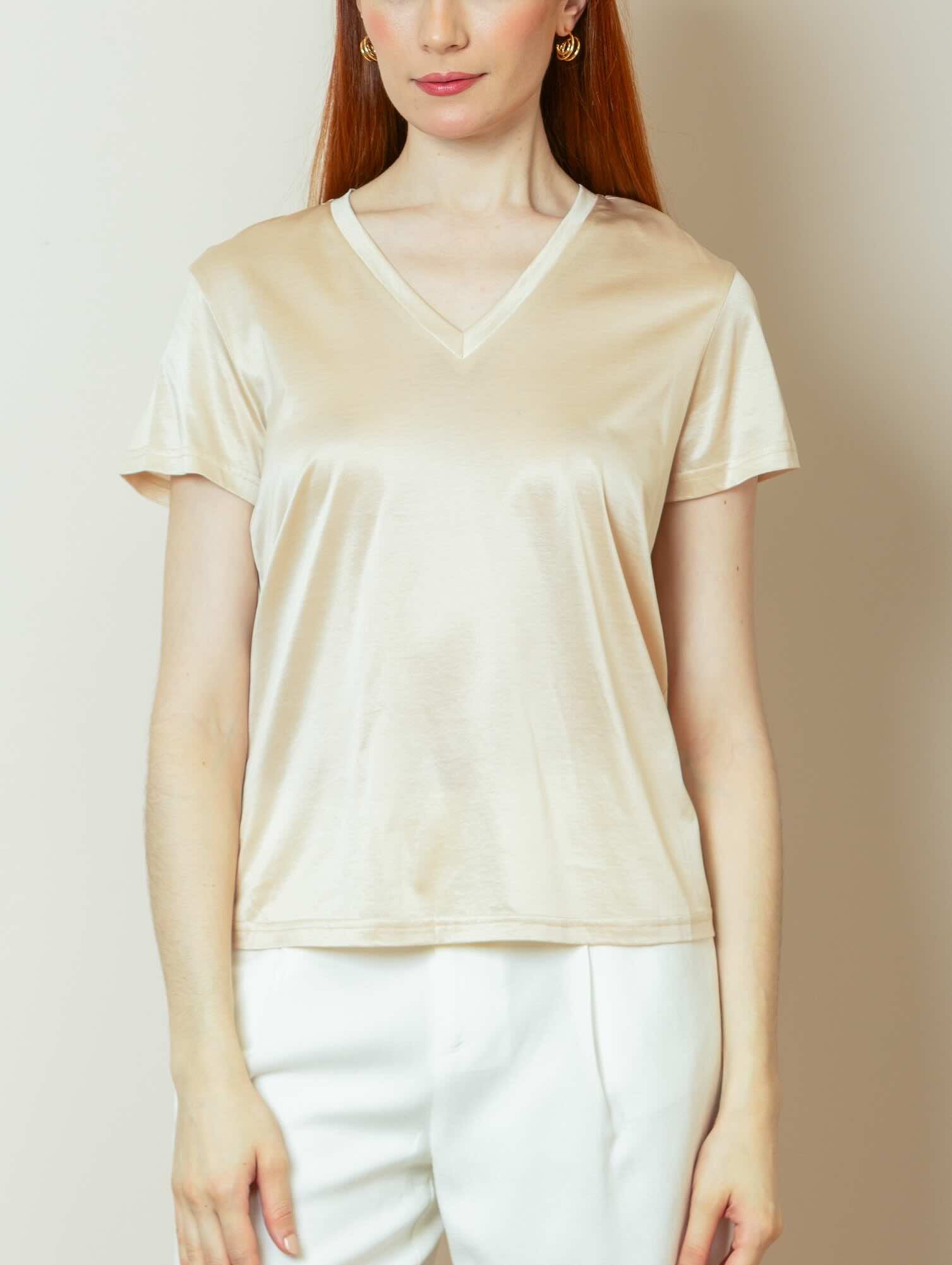 Ruby Silk Cotton V-Neck T-Shirt in Beige