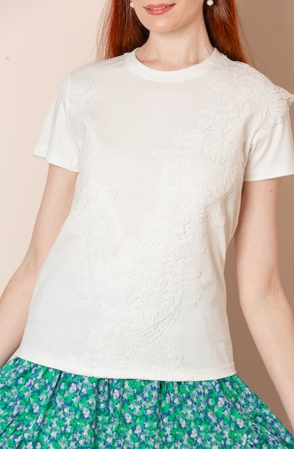 Vera Crew Neck Cotton T-shirt with Lace Applique – Jessie Liu Collection