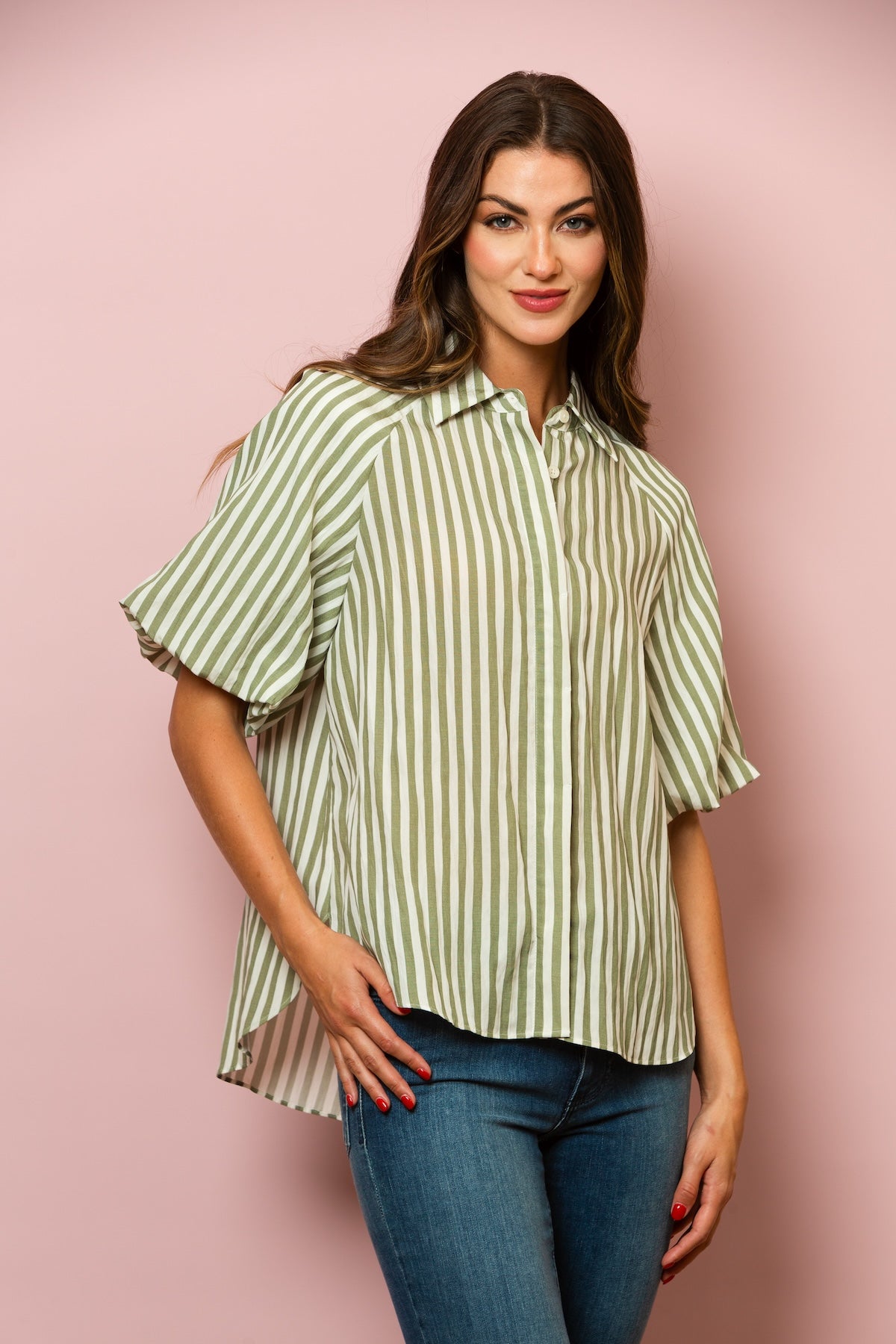 Lyocell Stripe Short Sleeve Shirt In Green Stripe