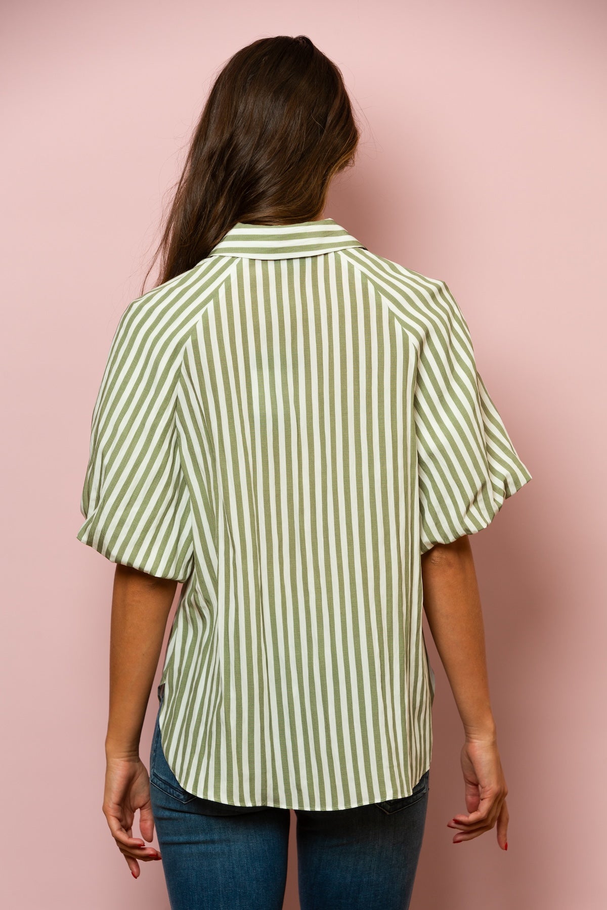 Lyocell Stripe Short Sleeve Shirt In Green Stripe