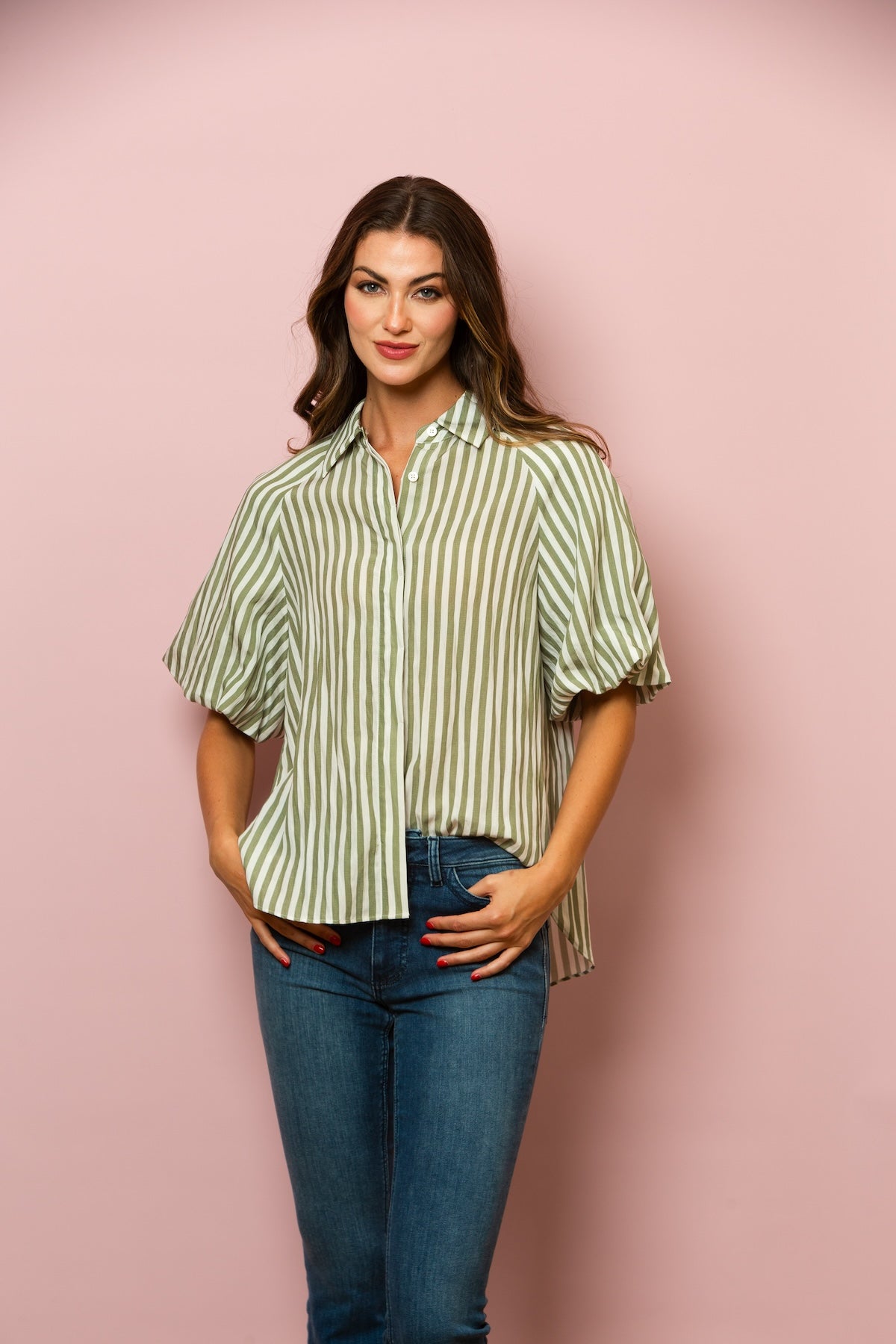 Lyocell Stripe Short Sleeve Shirt In Green Stripe