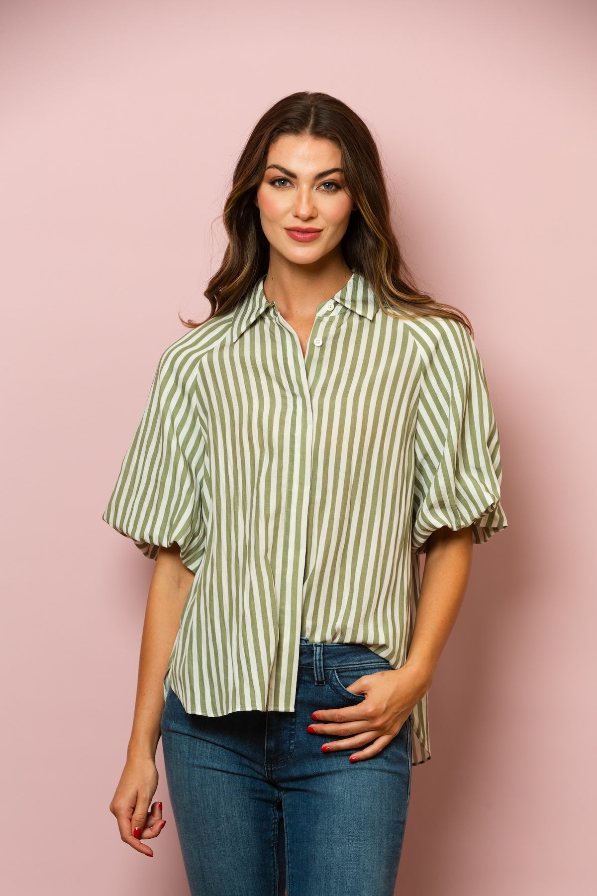 Lyocell Stripe Short Sleeve Shirt In Green Stripe