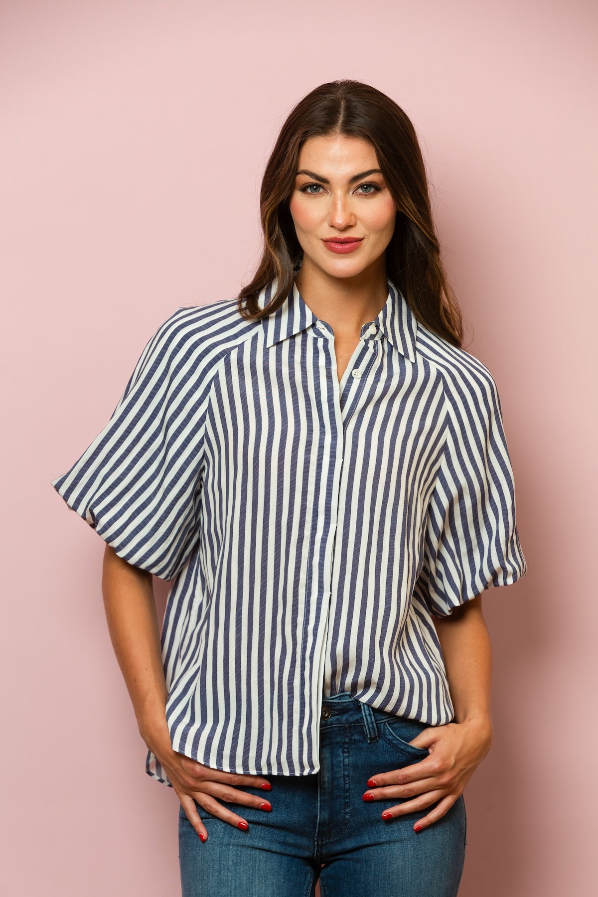 Lyocell Stripe Short Sleeve Shirt In Blue Stripe