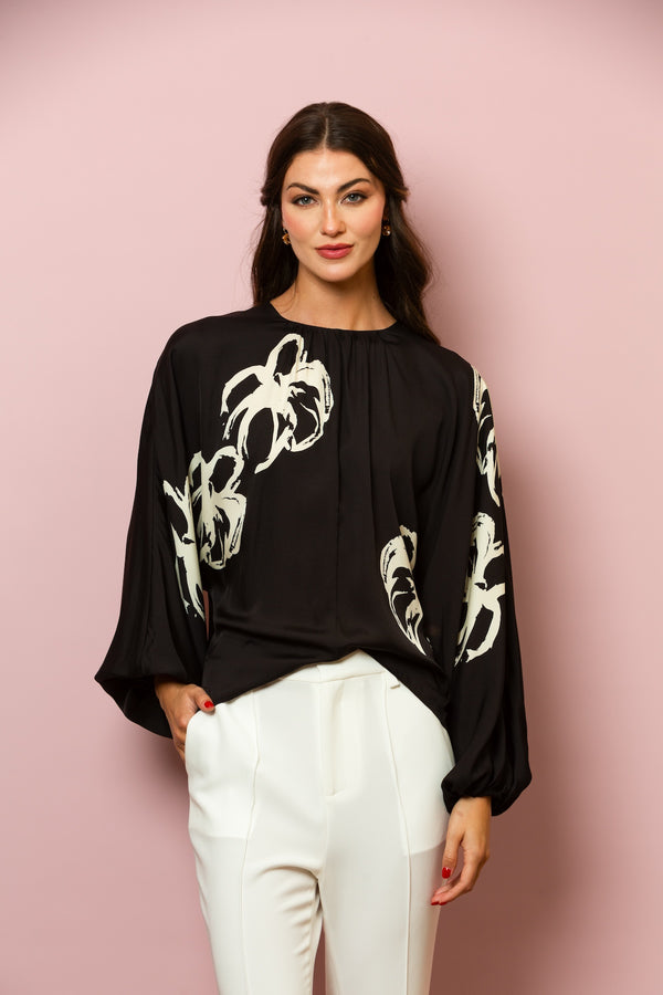 Silk Blend Dolman Sleeve Blouse with Gathered Neck