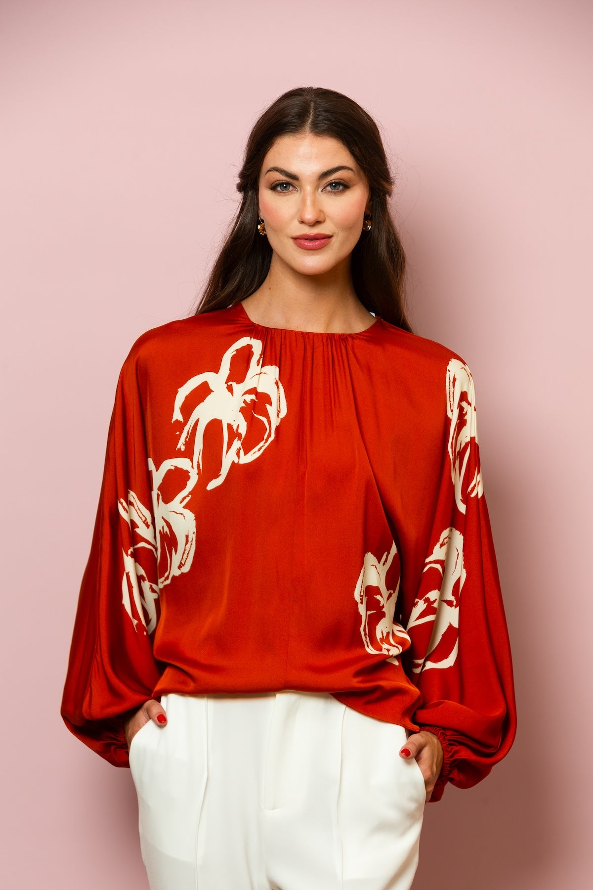 Silk Blend Dolman Sleeve Blouse with Gathered Neck In Persimmon