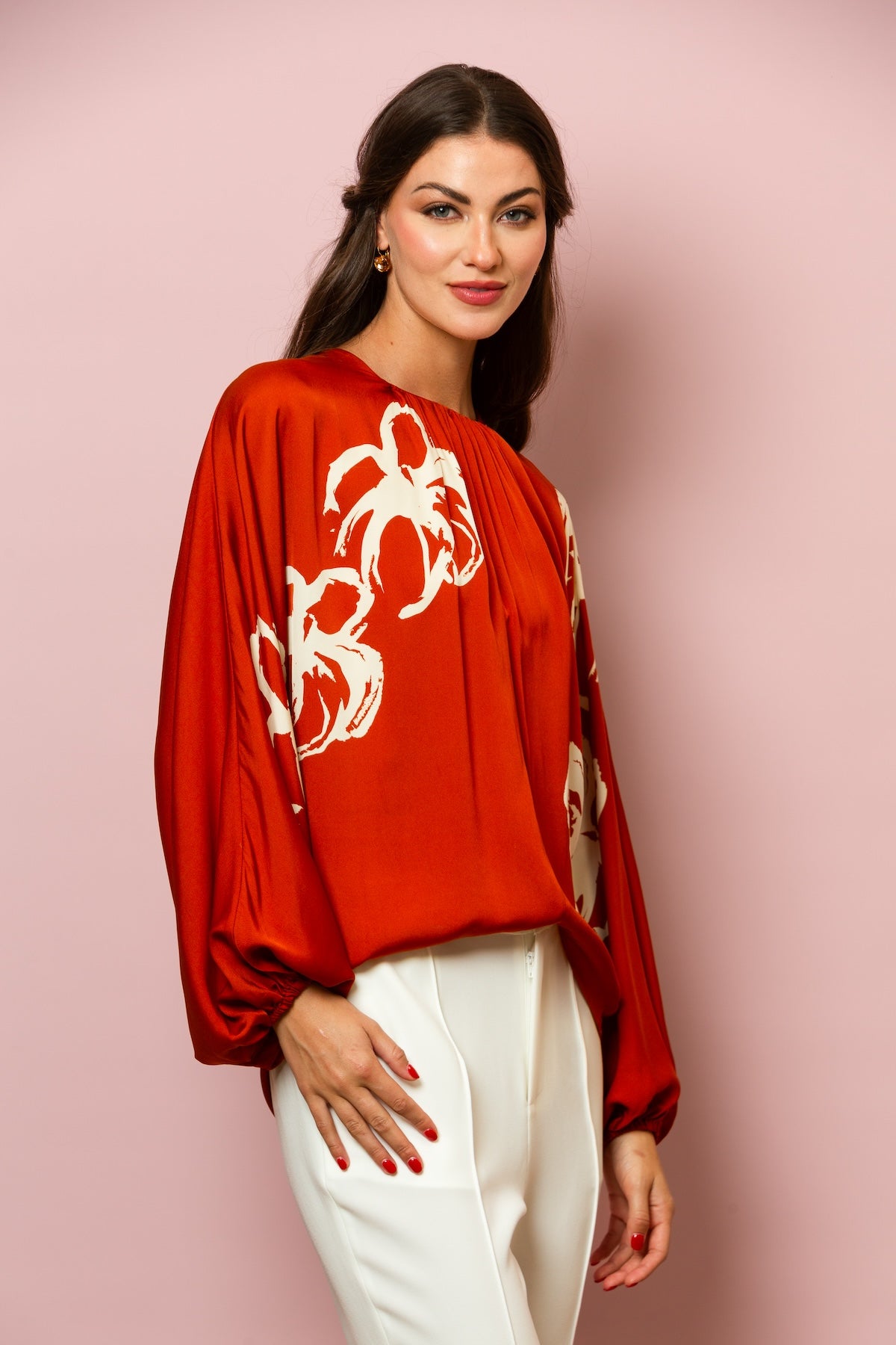 Silk Blend Dolman Sleeve Blouse with Gathered Neck In Persimmon