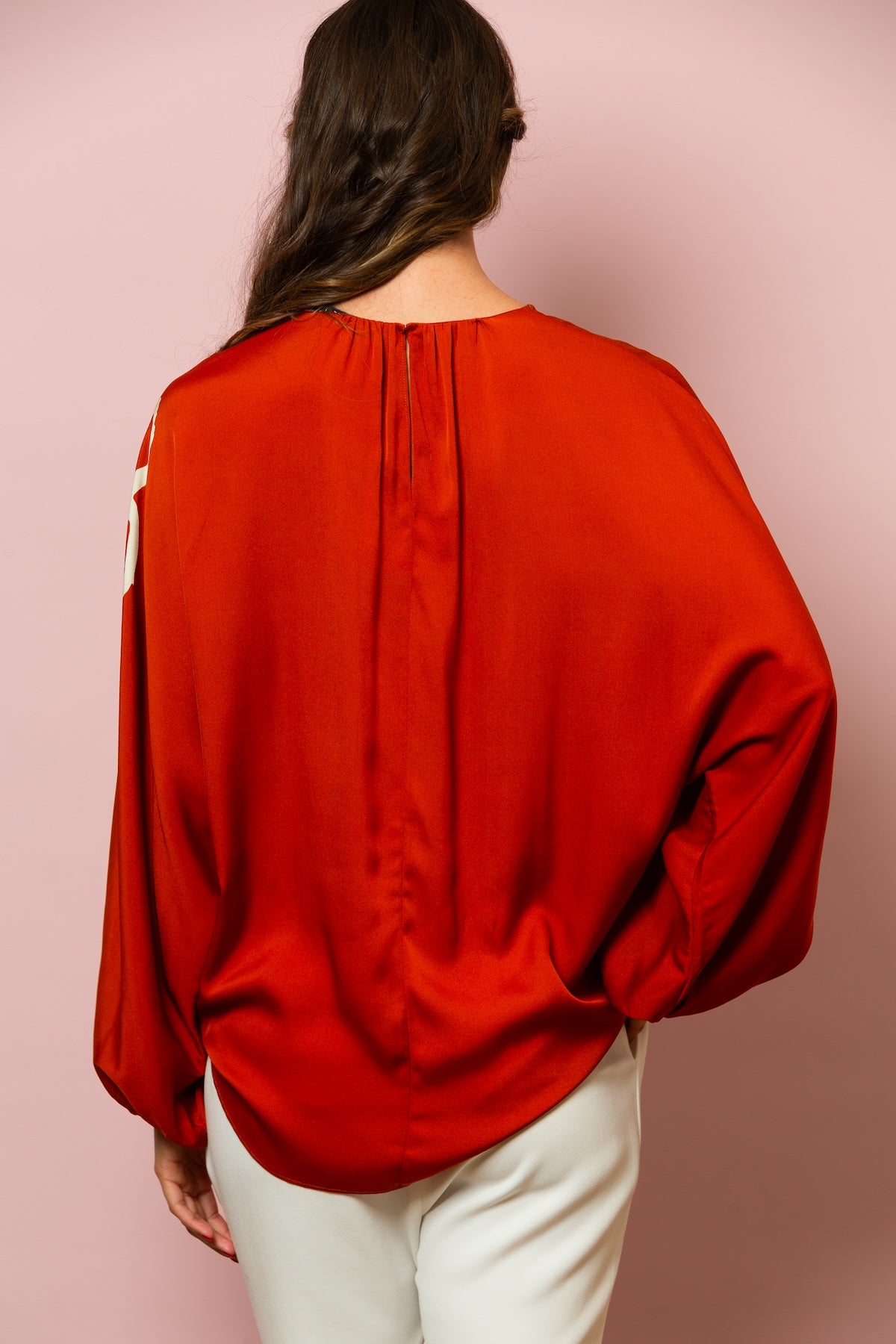 Silk Blend Dolman Sleeve Blouse with Gathered Neck In Persimmon