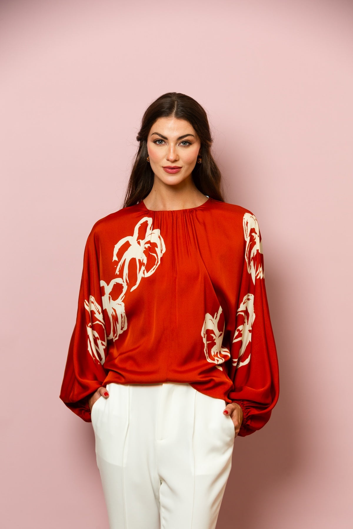 Silk Blend Dolman Sleeve Blouse with Gathered Neck In Persimmon