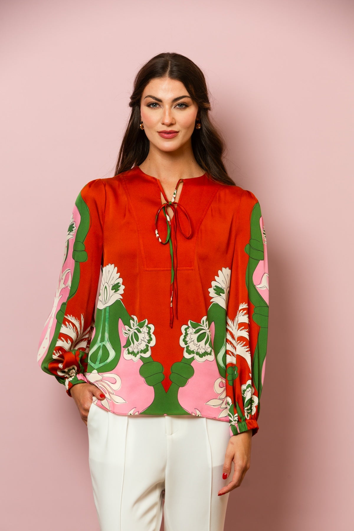 Tie Neck Printed Silk Blouse