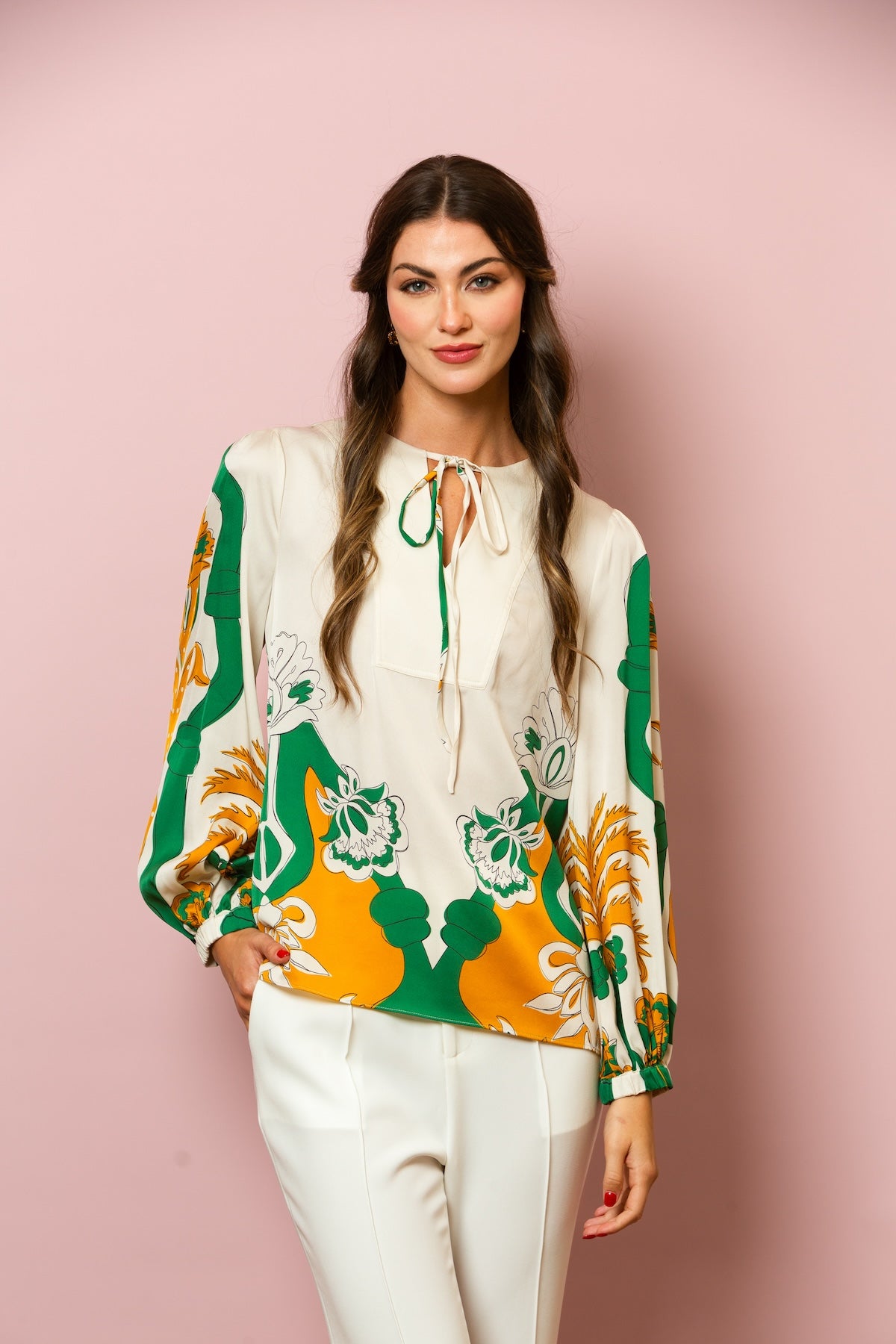 Tie Neck Printed Silk Blouse