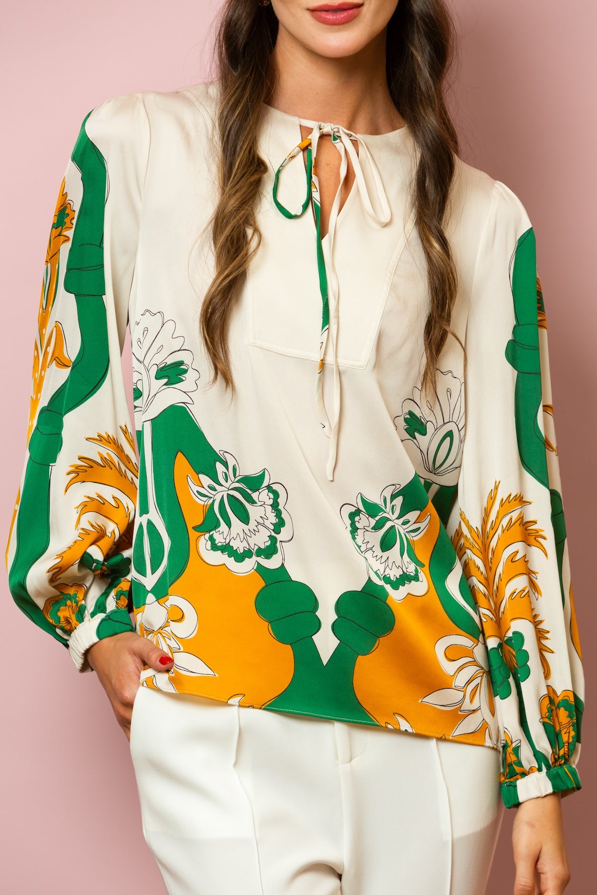 Tie Neck Printed Silk Blouse