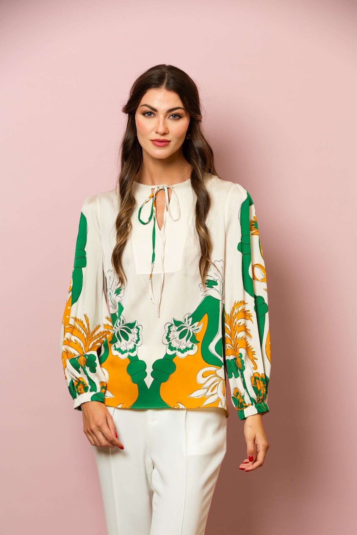 Tie Neck Printed Silk Blouse