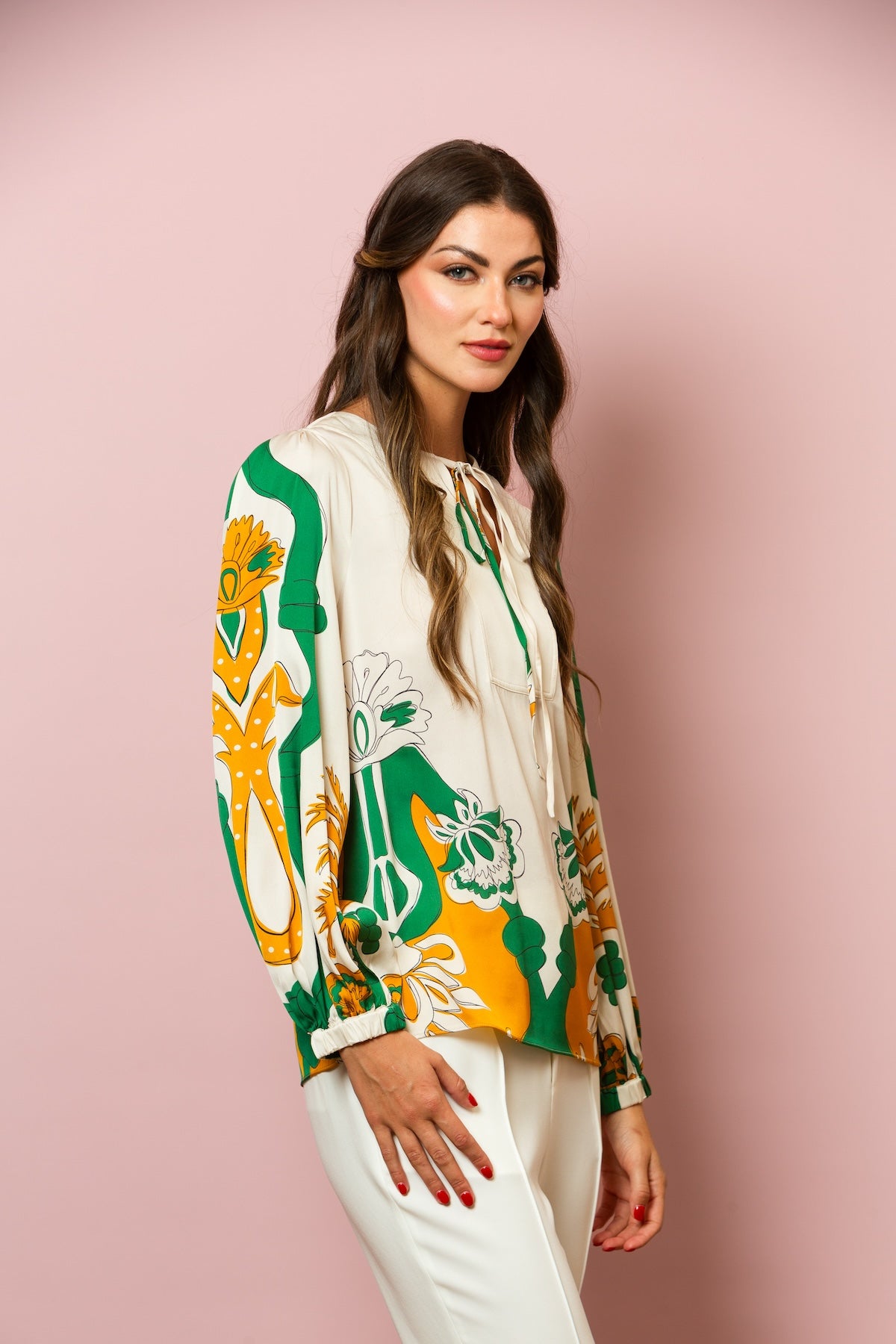 Tie Neck Printed Silk Blouse