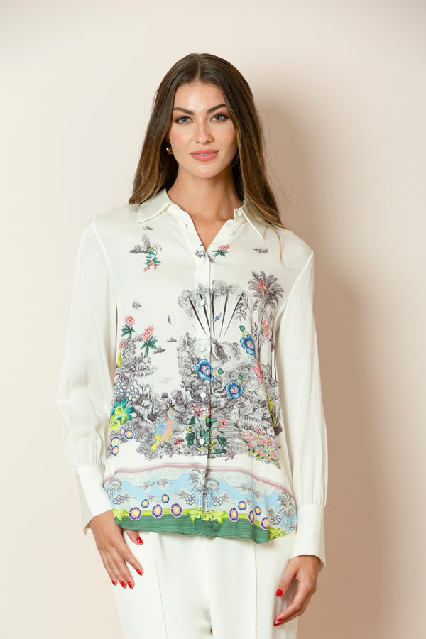 Silk Blend Floral Print Button Down Shirt