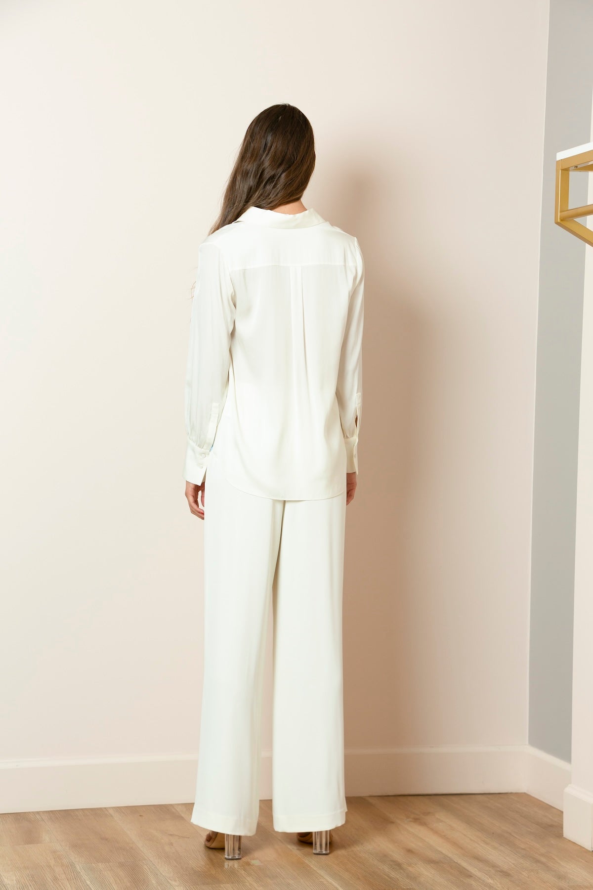 Pintuck Wide-Leg Pants with Elastic on the Back Waist In Ivory