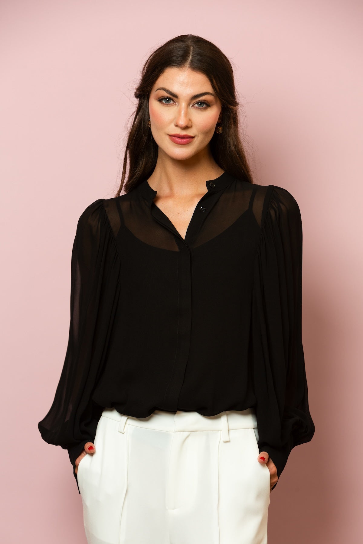 Chiffon Button Down Blouse with Optional Tie In Black