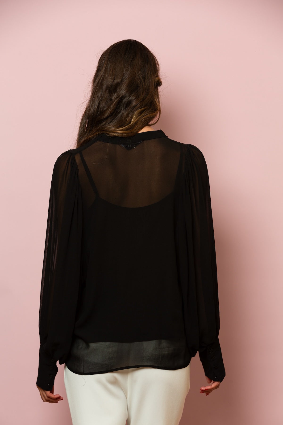 Chiffon Button Down Blouse with Optional Tie In Black