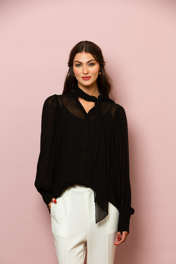 Chiffon Button Down Blouse with Optional Tie In Black