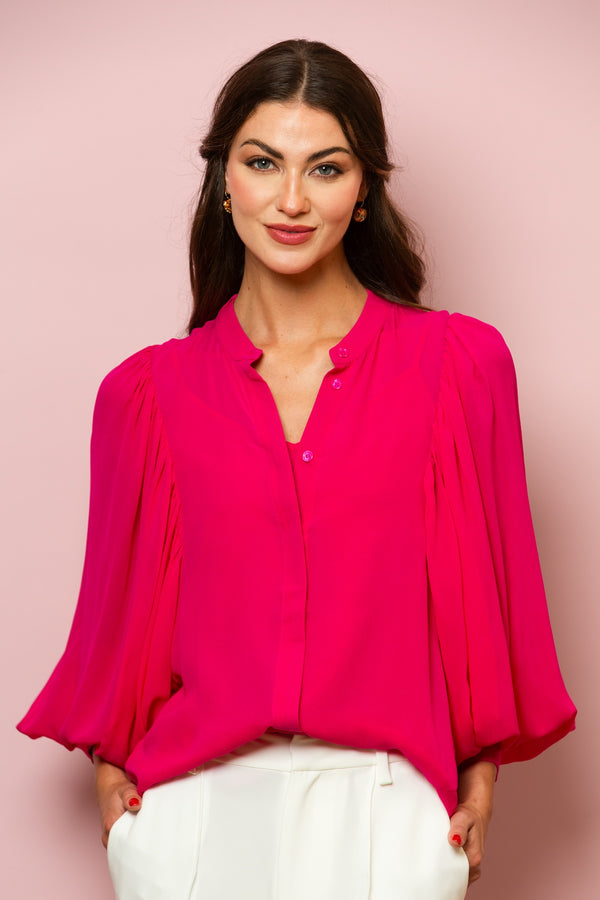 Chiffon Button Down Blouse with Optional Tie In Fuchsia