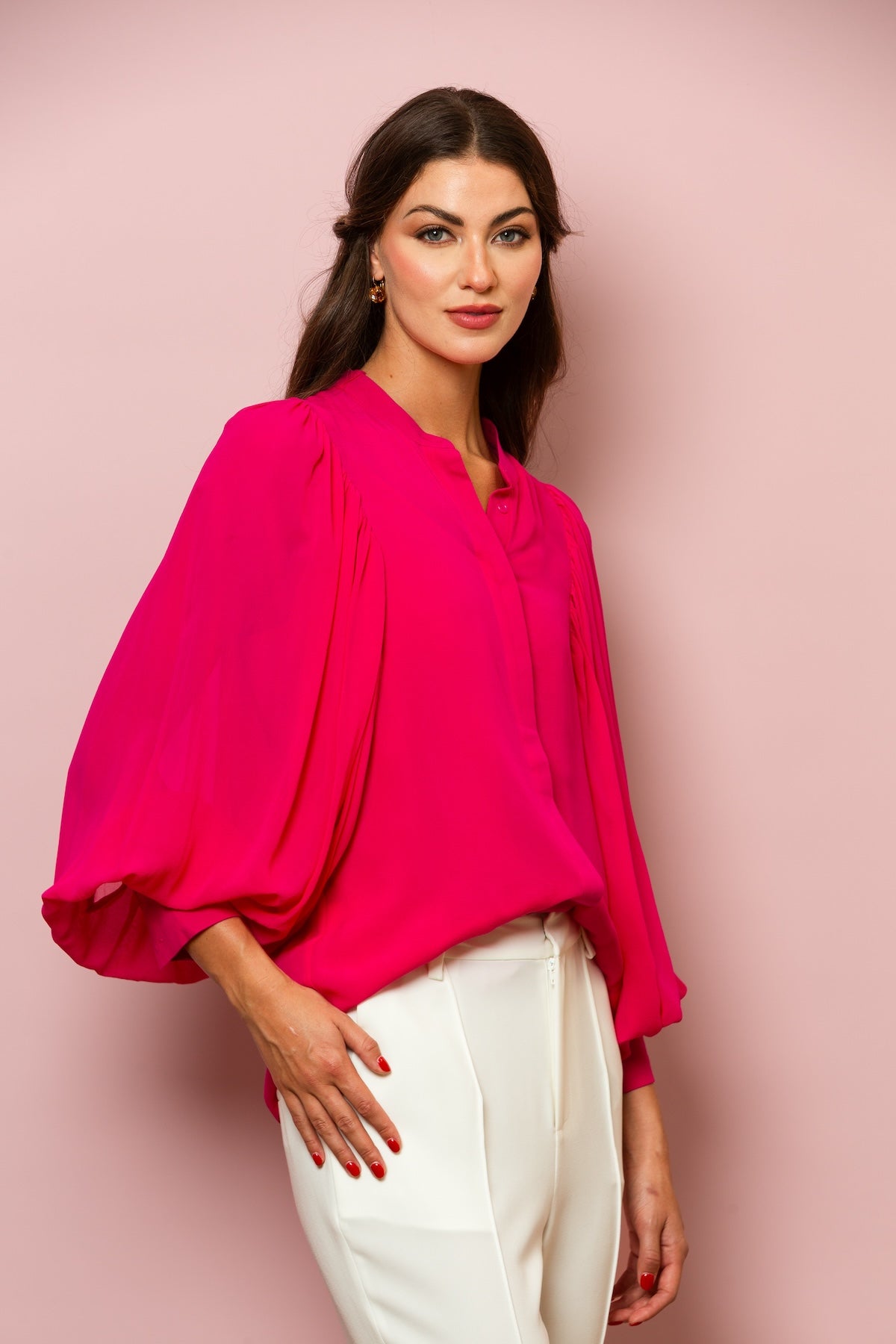 Chiffon Button Down Blouse with Optional Tie In Fuchsia