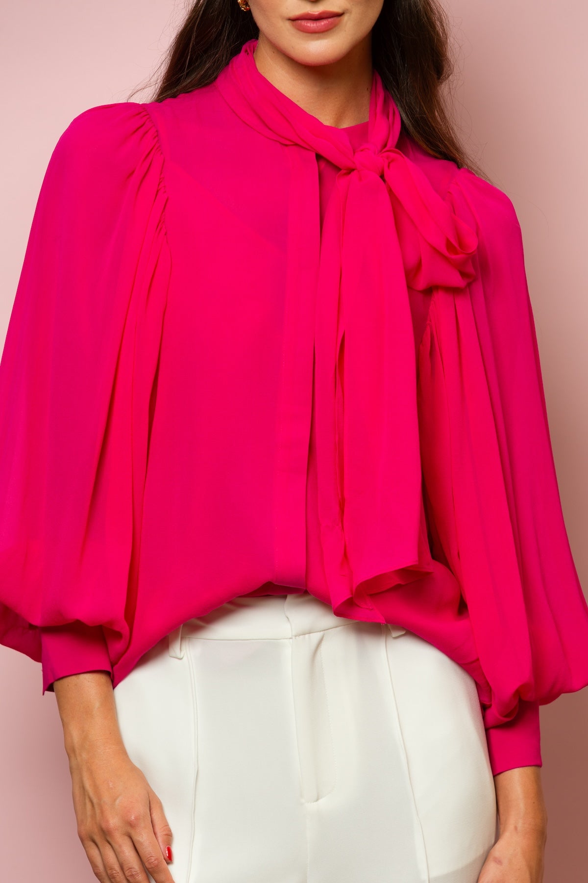 Chiffon Button Down Blouse with Optional Tie In Fuchsia