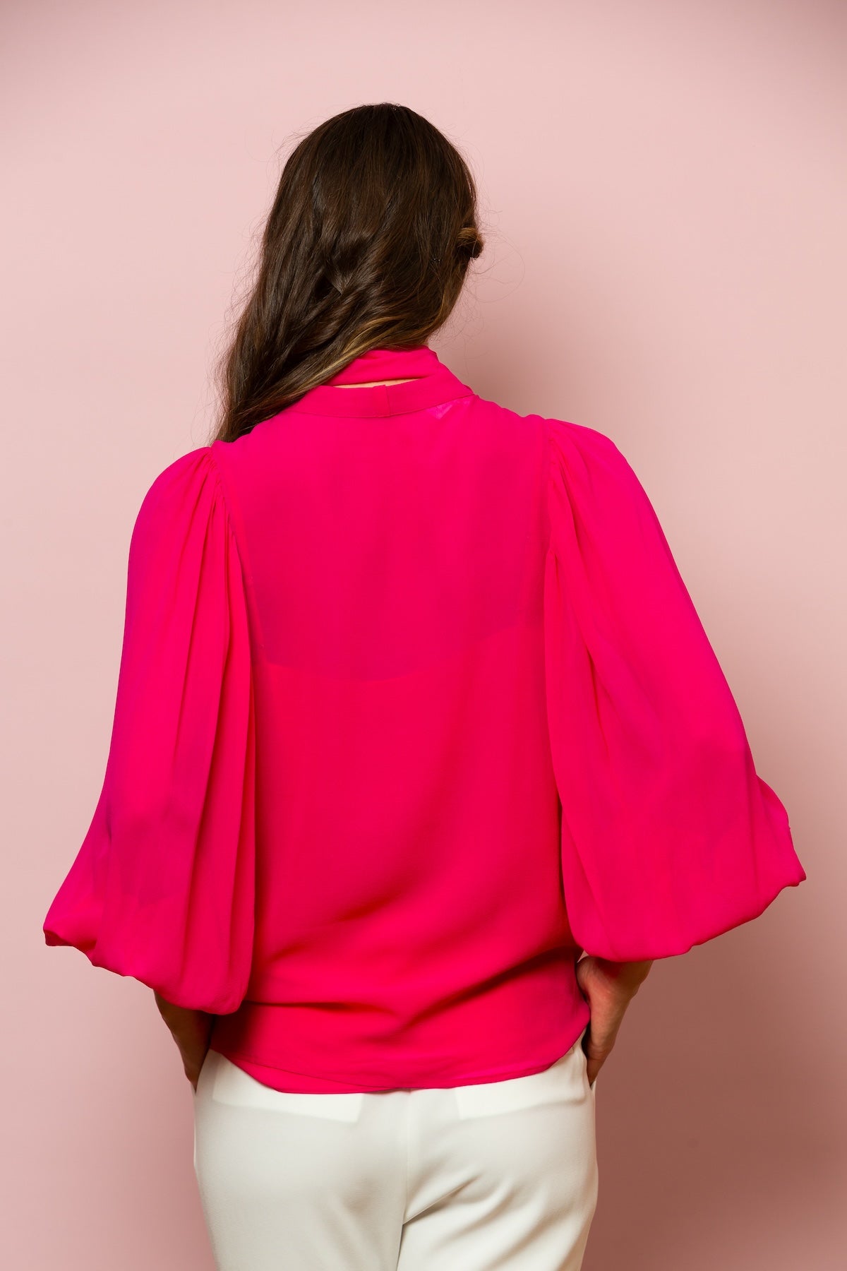 Chiffon Button Down Blouse with Optional Tie In Fuchsia