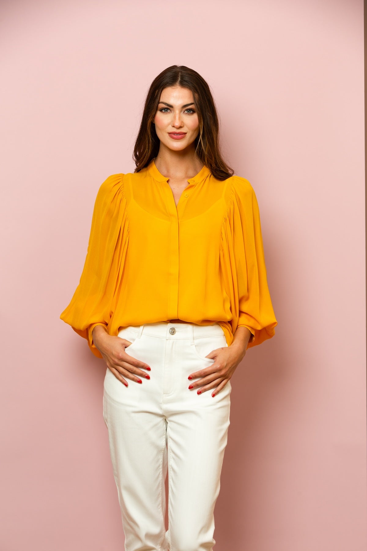 Chiffon Button Down Blouse with Optional Tie In Yellow