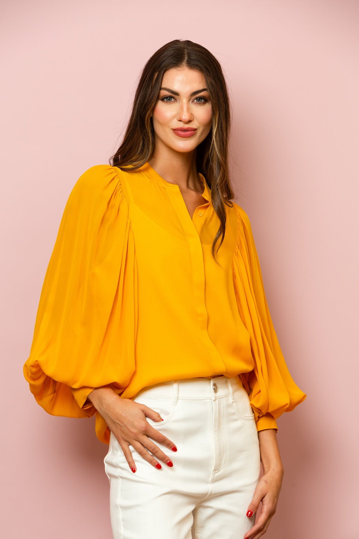 Chiffon Button Down Blouse with Optional Tie In Yellow