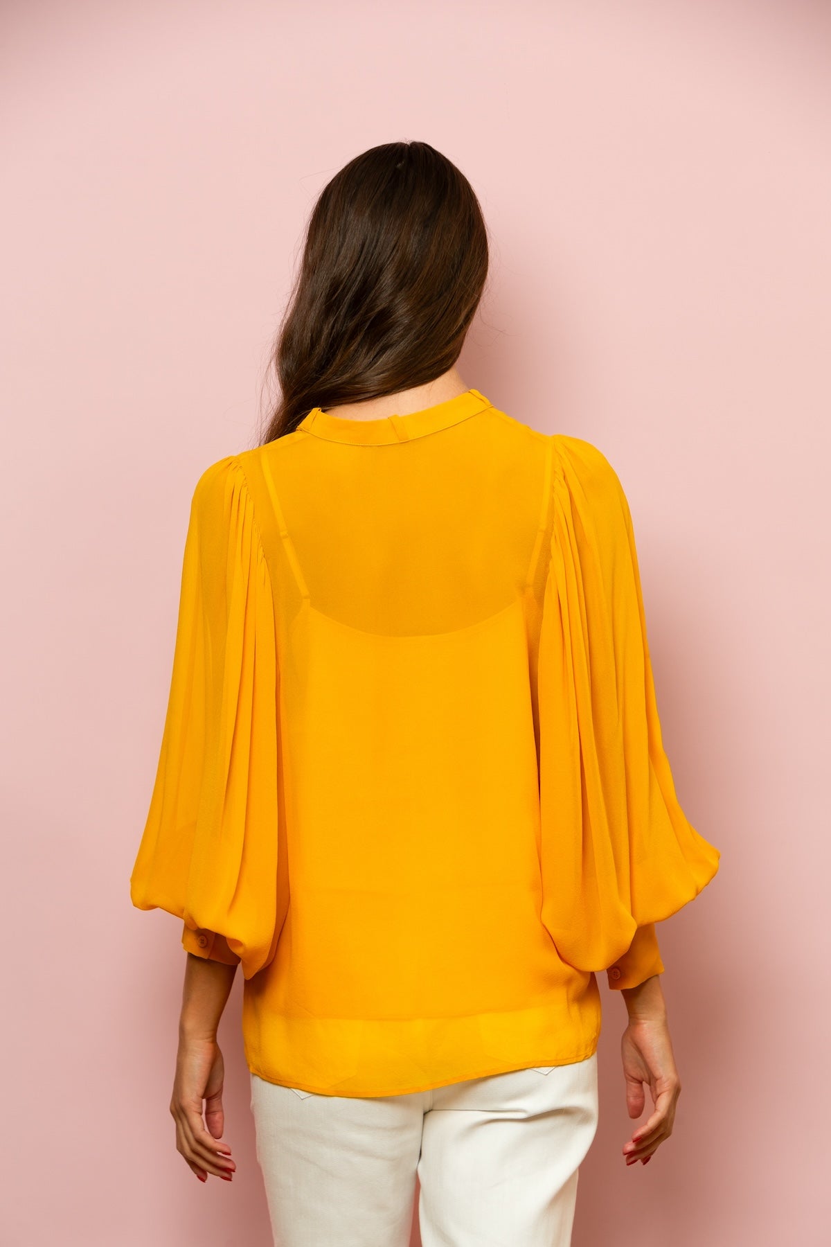 Chiffon Button Down Blouse with Optional Tie In Yellow