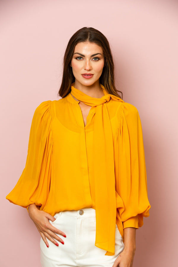 Chiffon Button Down Blouse with Optional Tie In Yellow