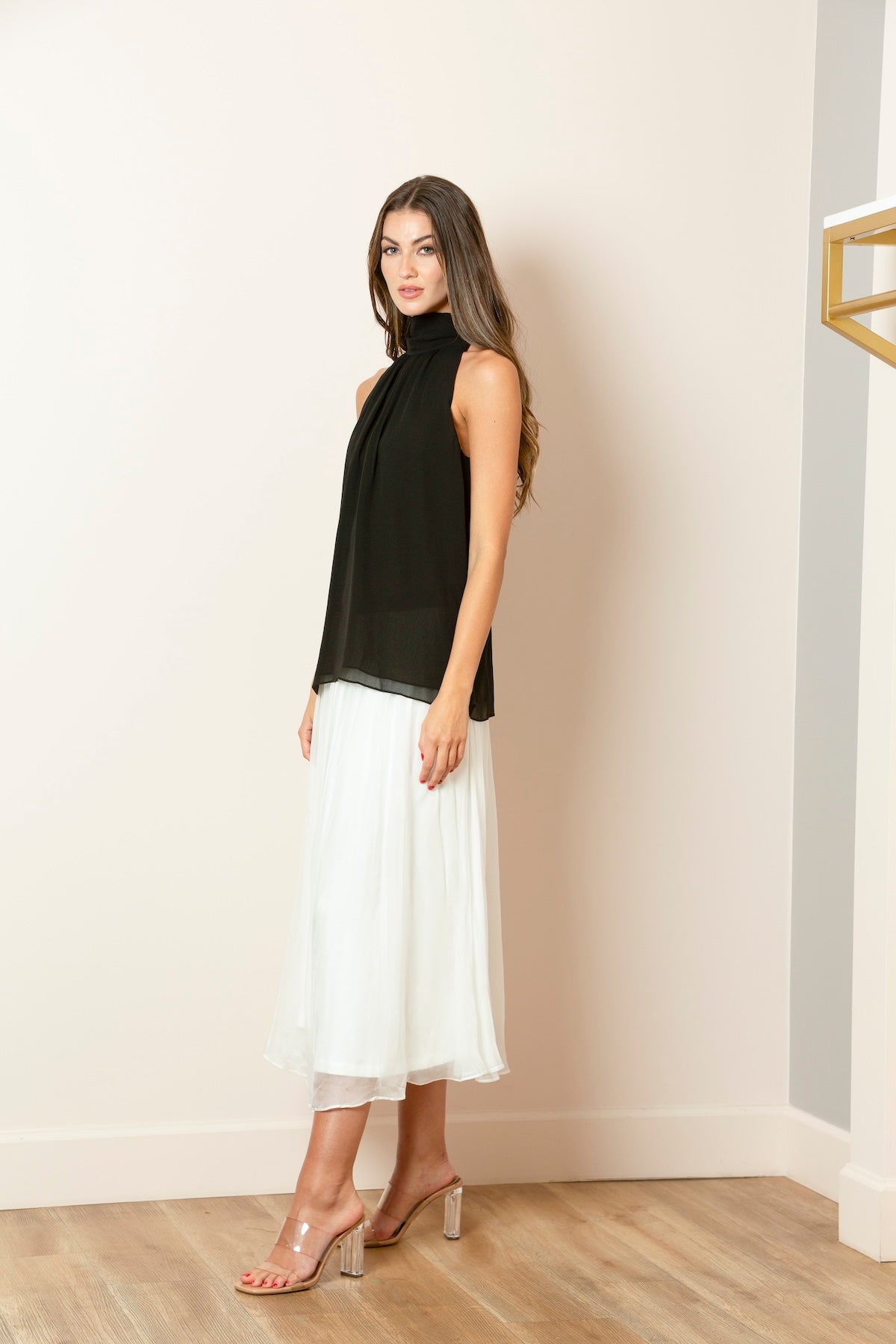 Solid Silk Gather Skirt With Elastic Waistband In White