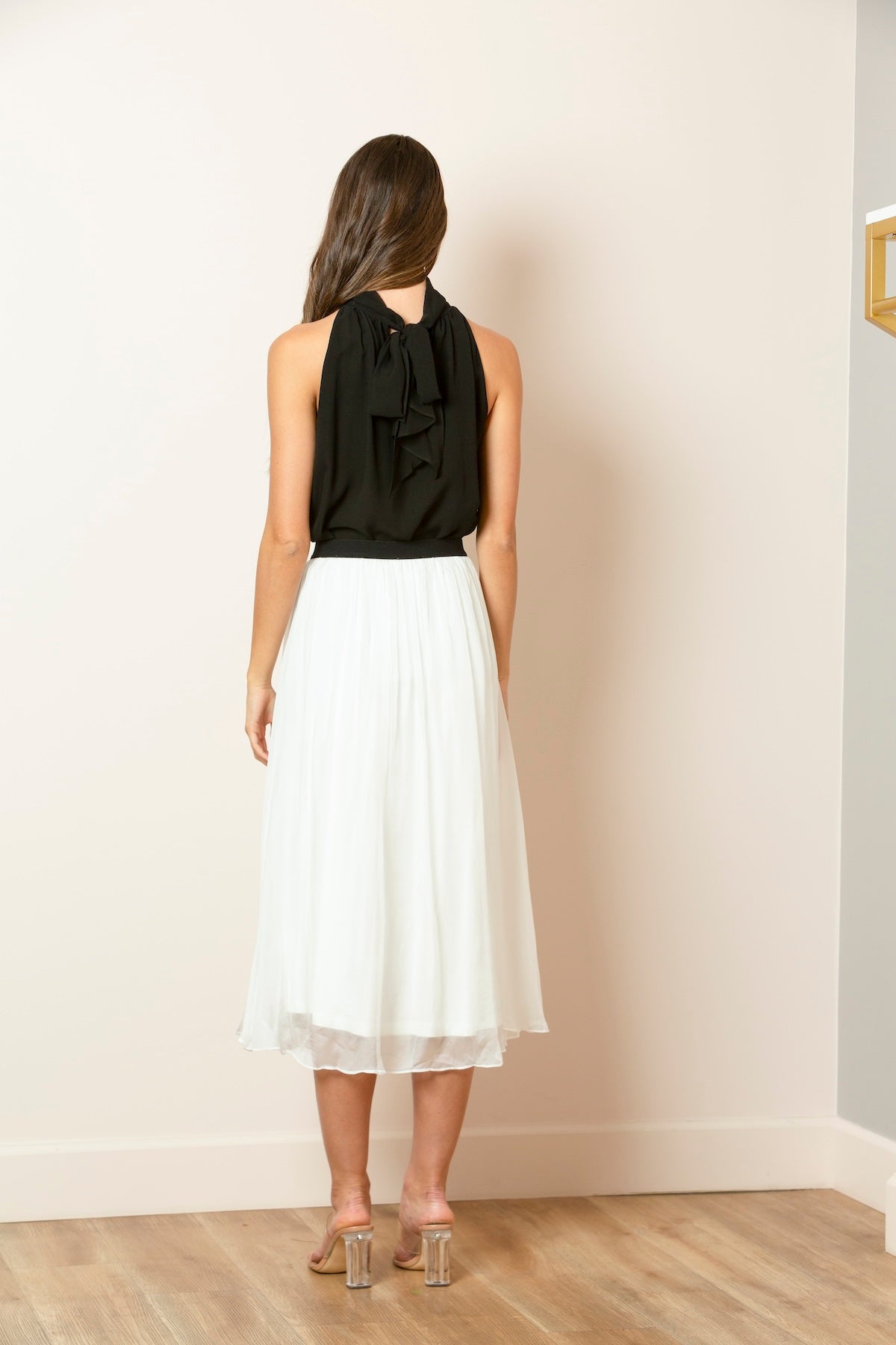 Solid Silk Gather Skirt With Elastic Waistband In White