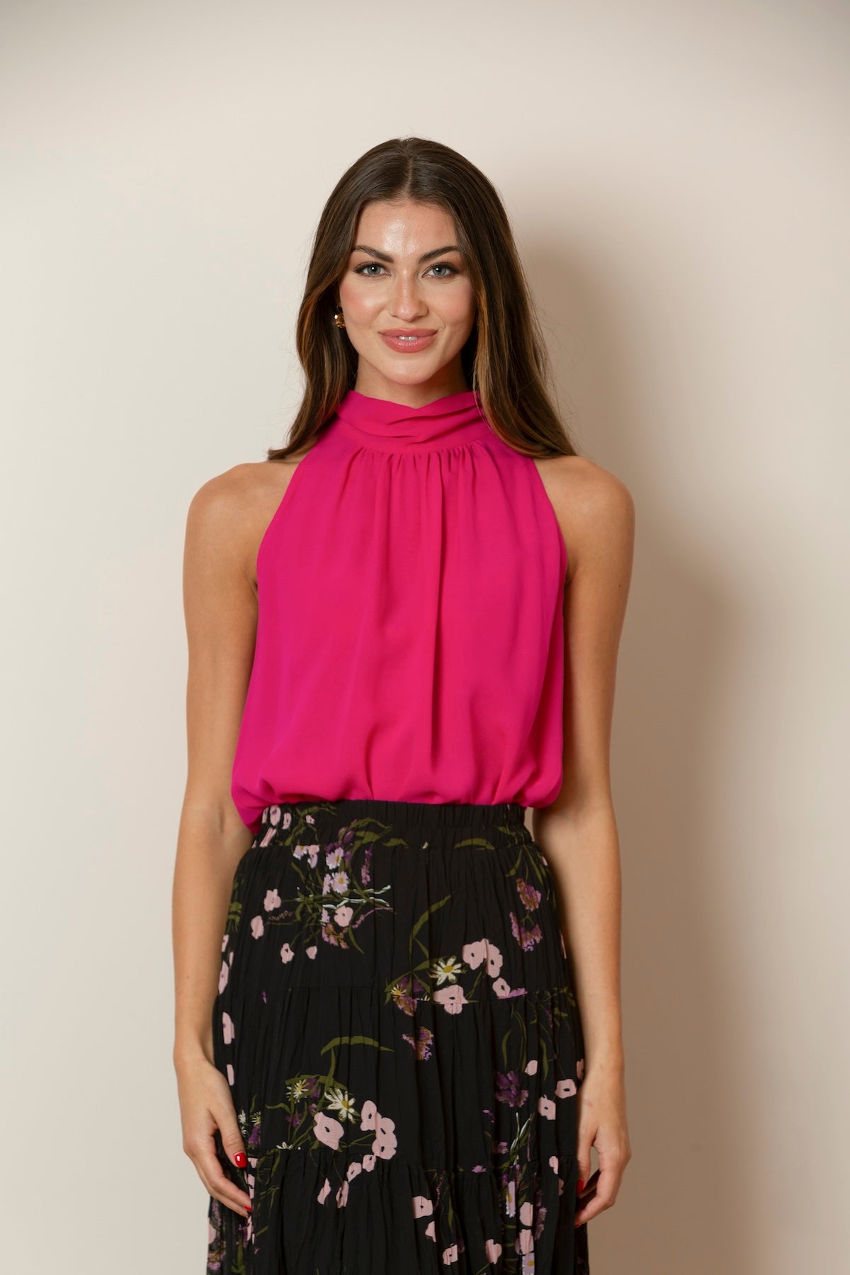 Silk Halter Neck Blouse In Fuchsia