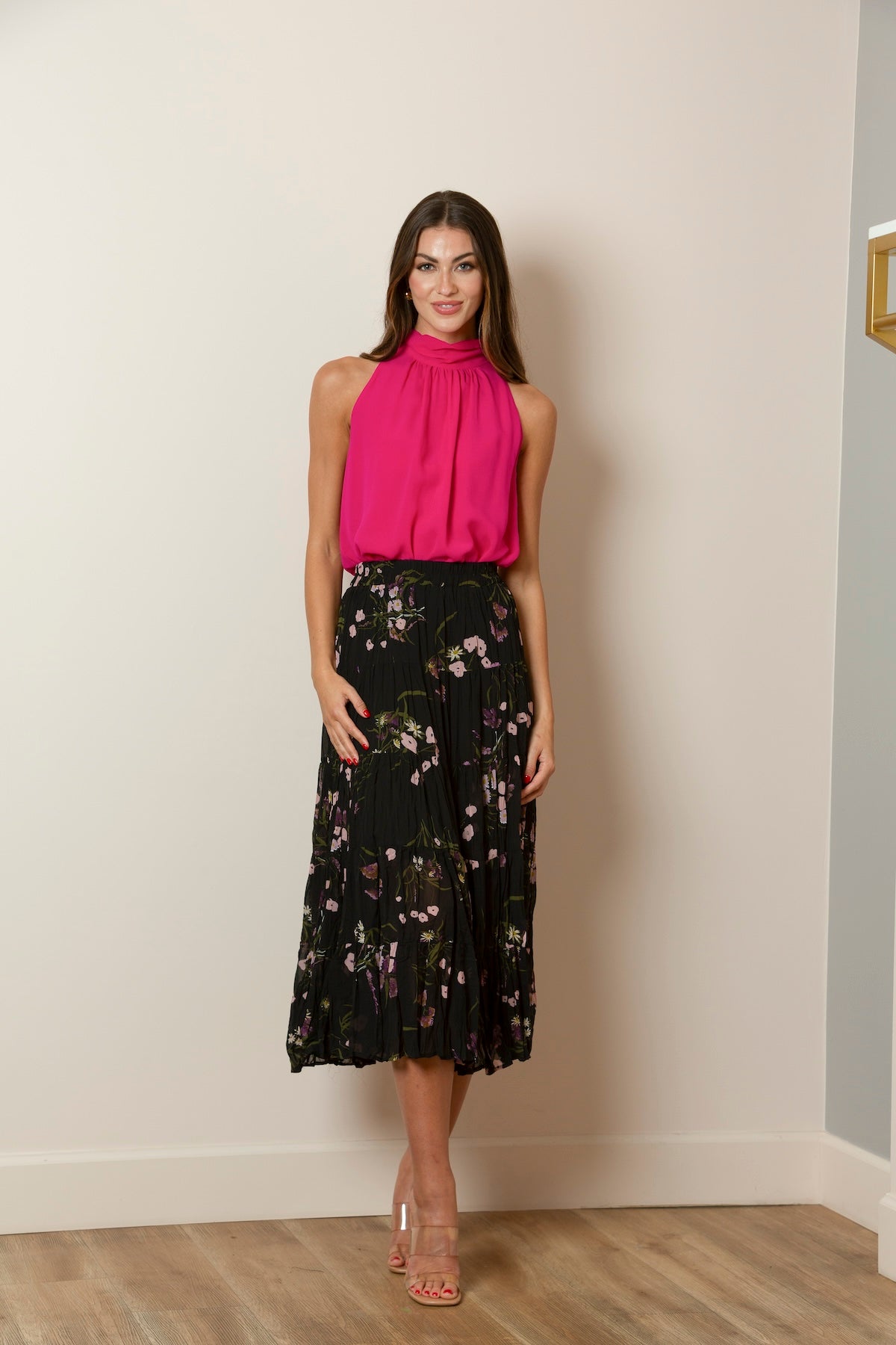 Floral Print Crinkle Skirt In Black/Pink