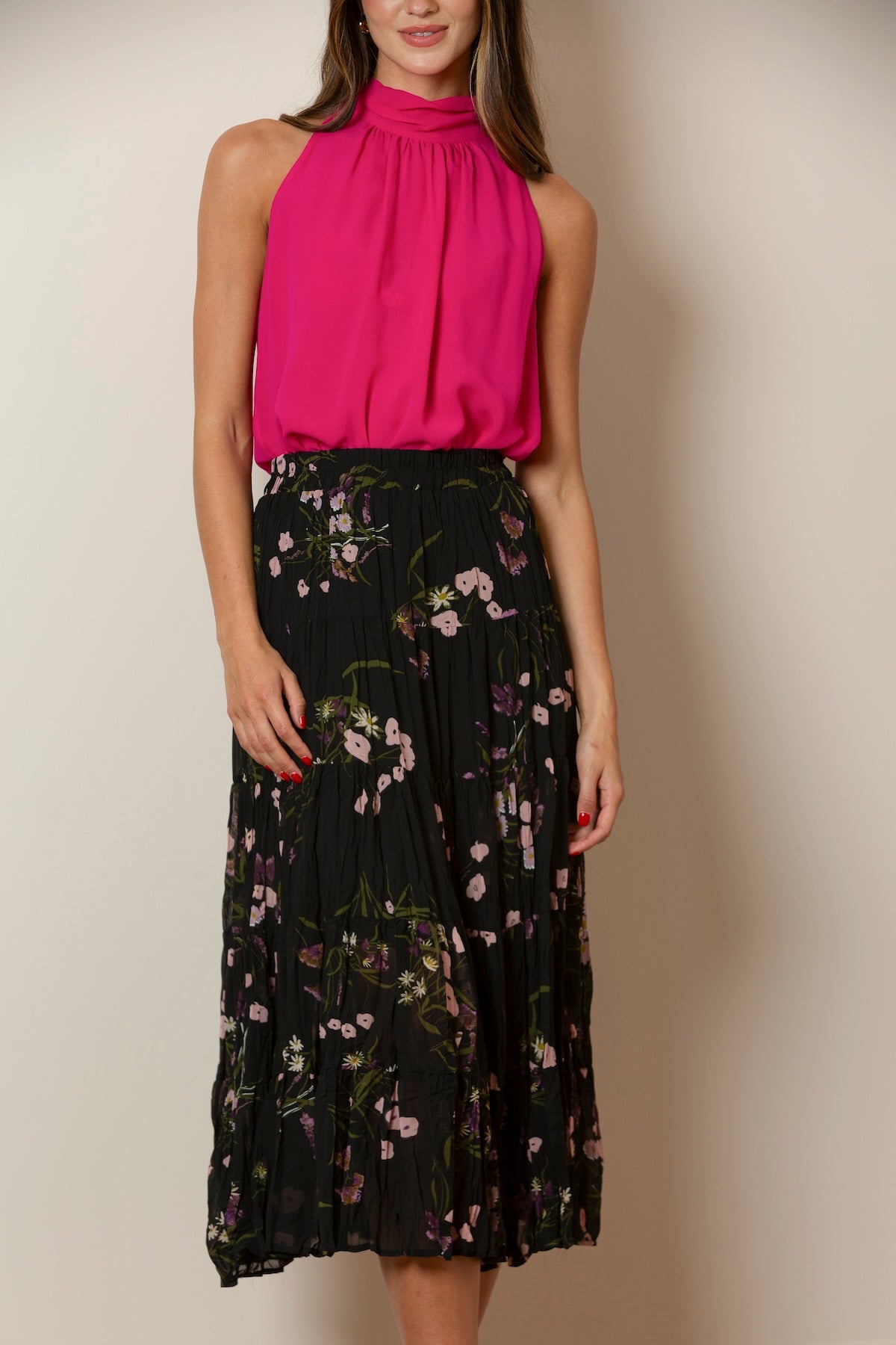 Floral Print Crinkle Skirt In Black/Pink