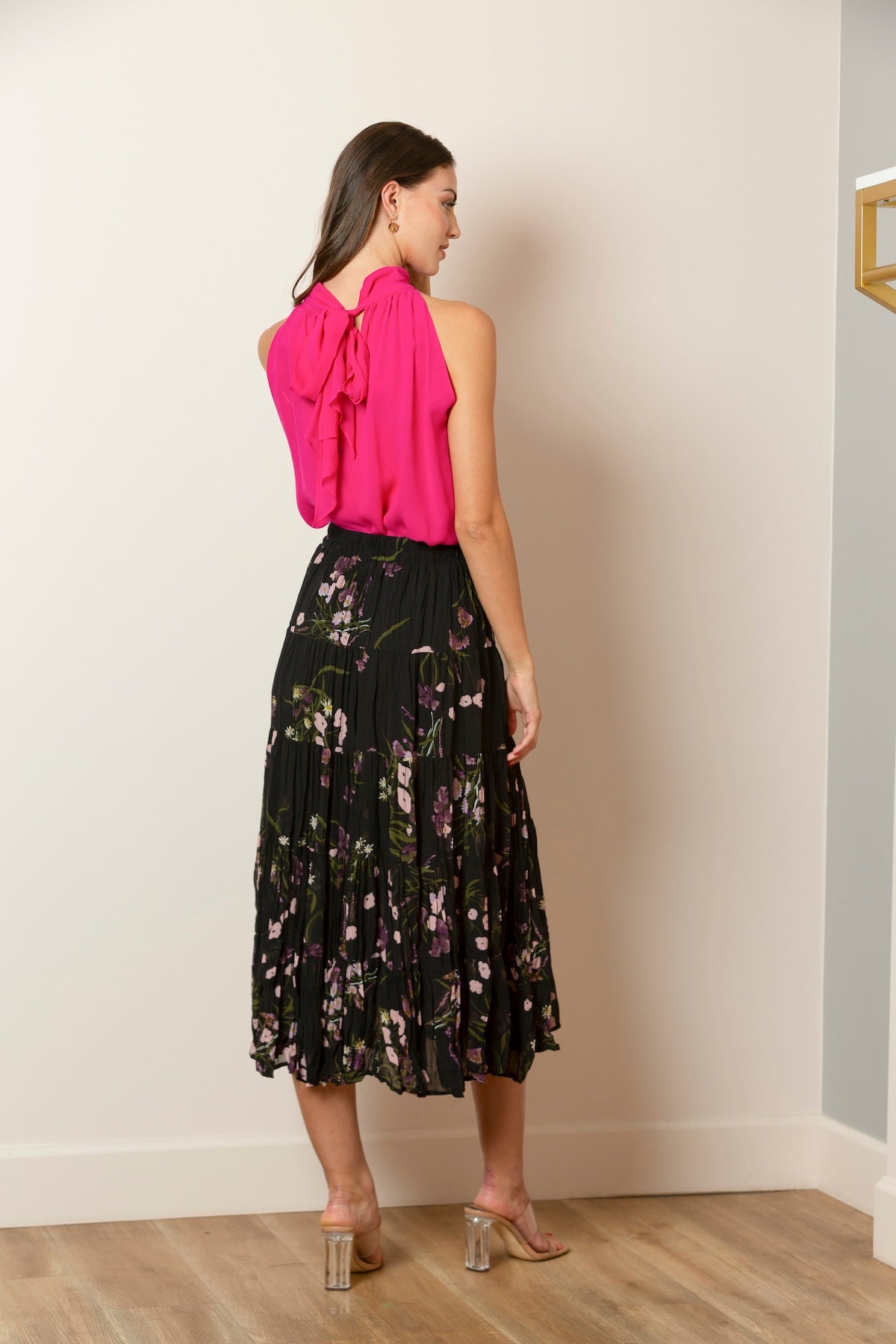 Floral Print Crinkle Skirt In Black/Pink